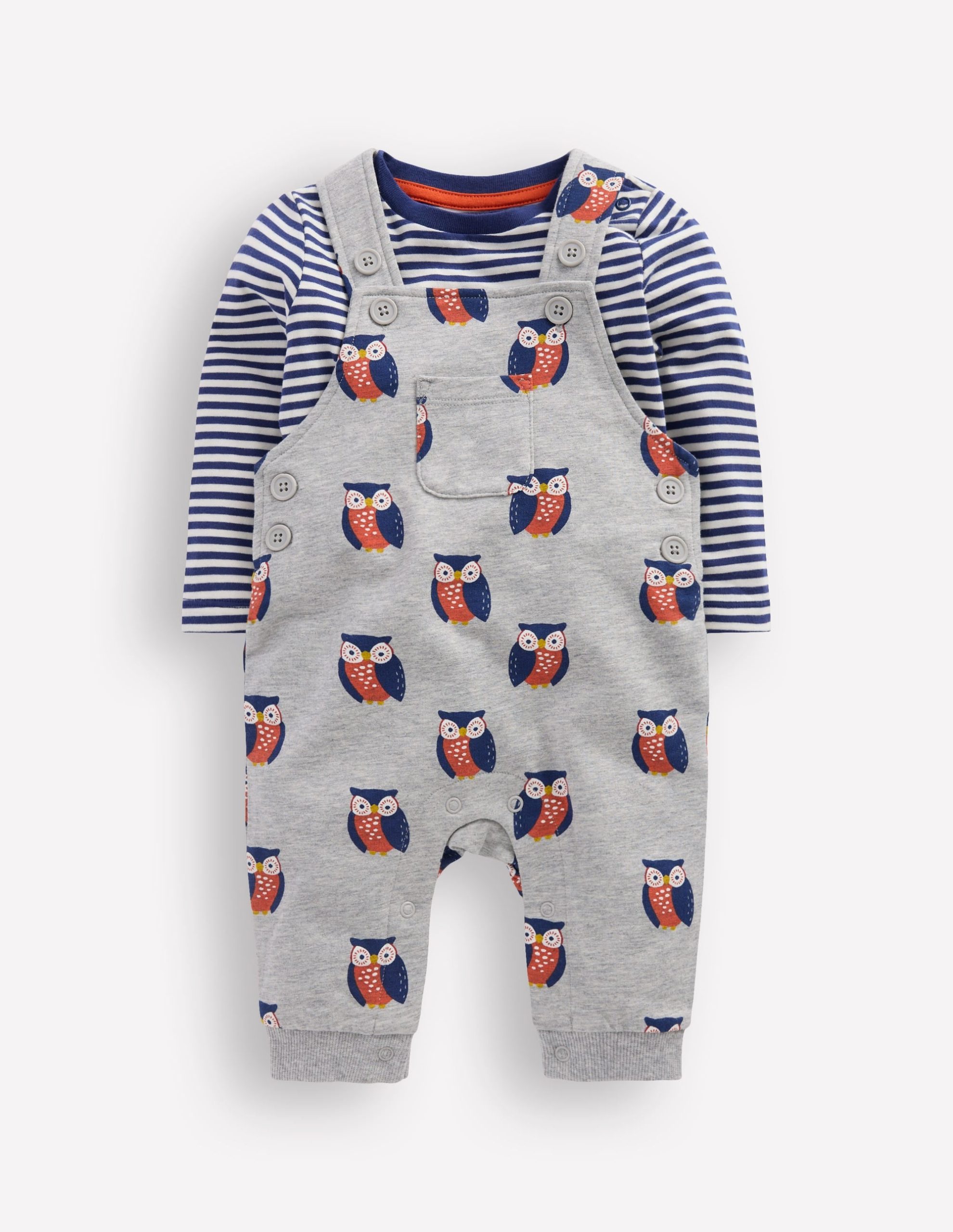 Printed Jersey Overalls Set-Grey Marl Owls