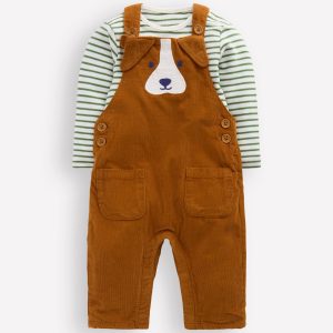 Novelty Cord Dungaree Set-Brown Dog