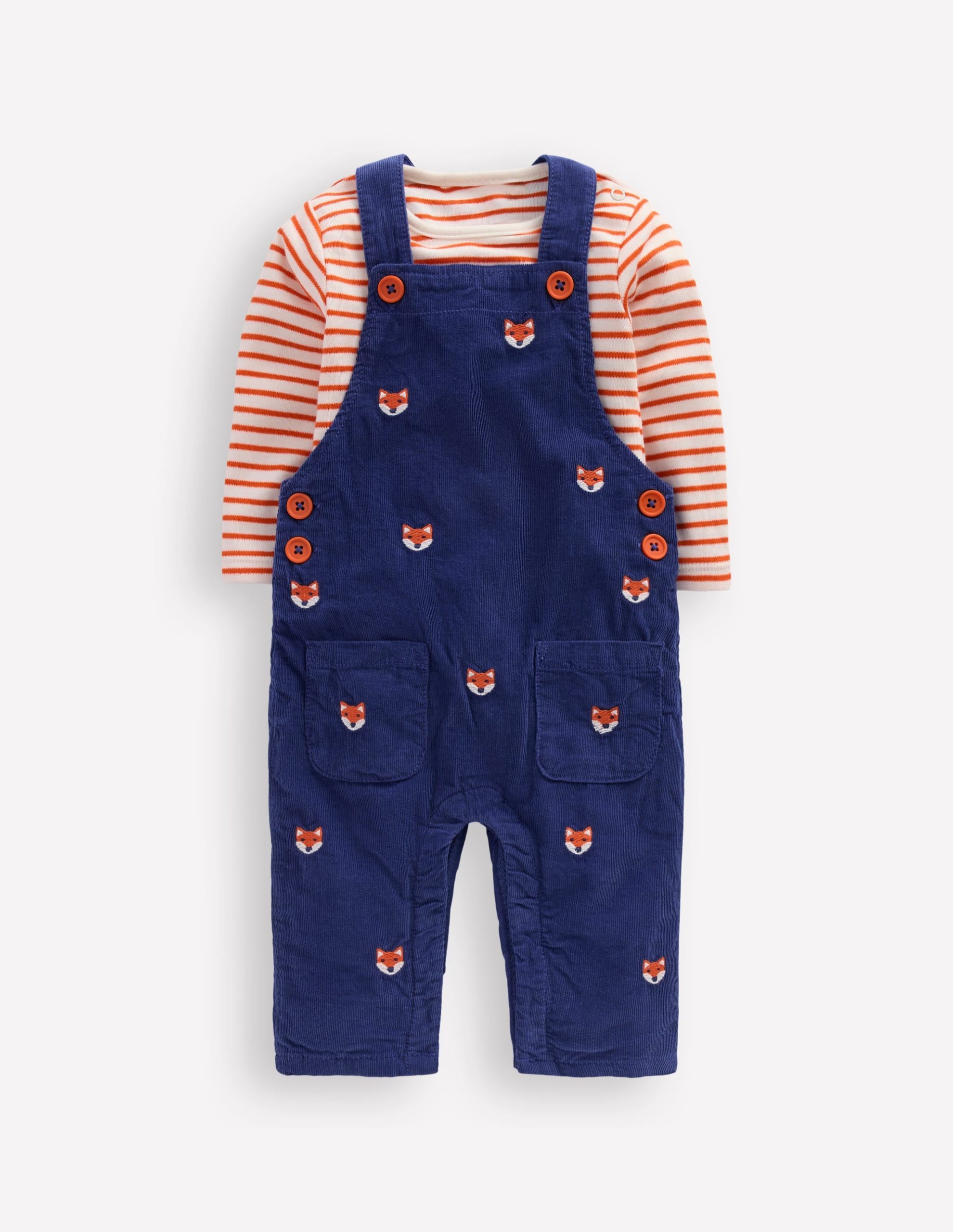 Novelty Cord Dungaree Set-Navy Fox Embroidery