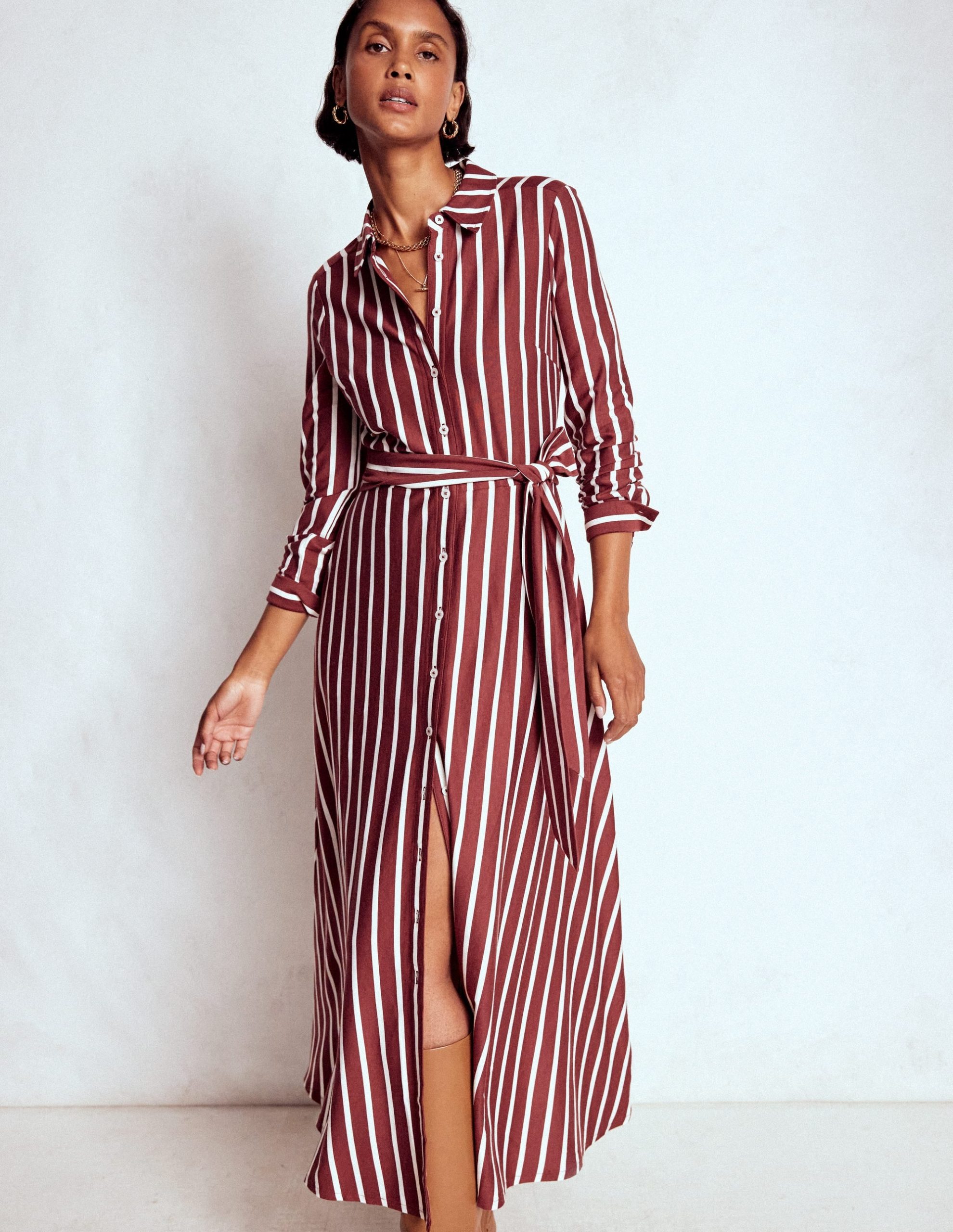 Marcia Jersey Shirt Dress-Chestnut and Ivory Stripe - Image 4