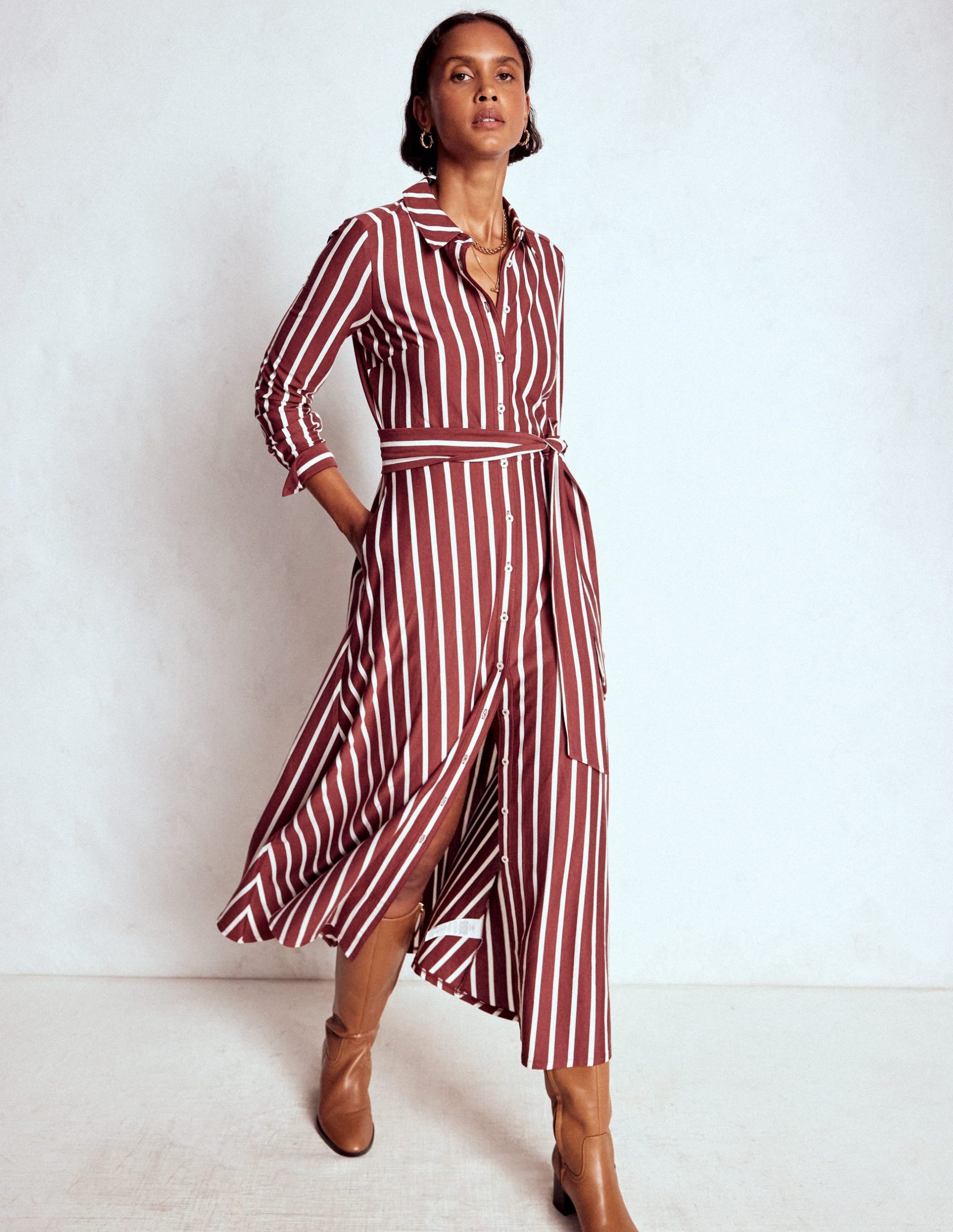 Marcia Jersey Shirt Dress-Chestnut and Ivory Stripe - Image 5