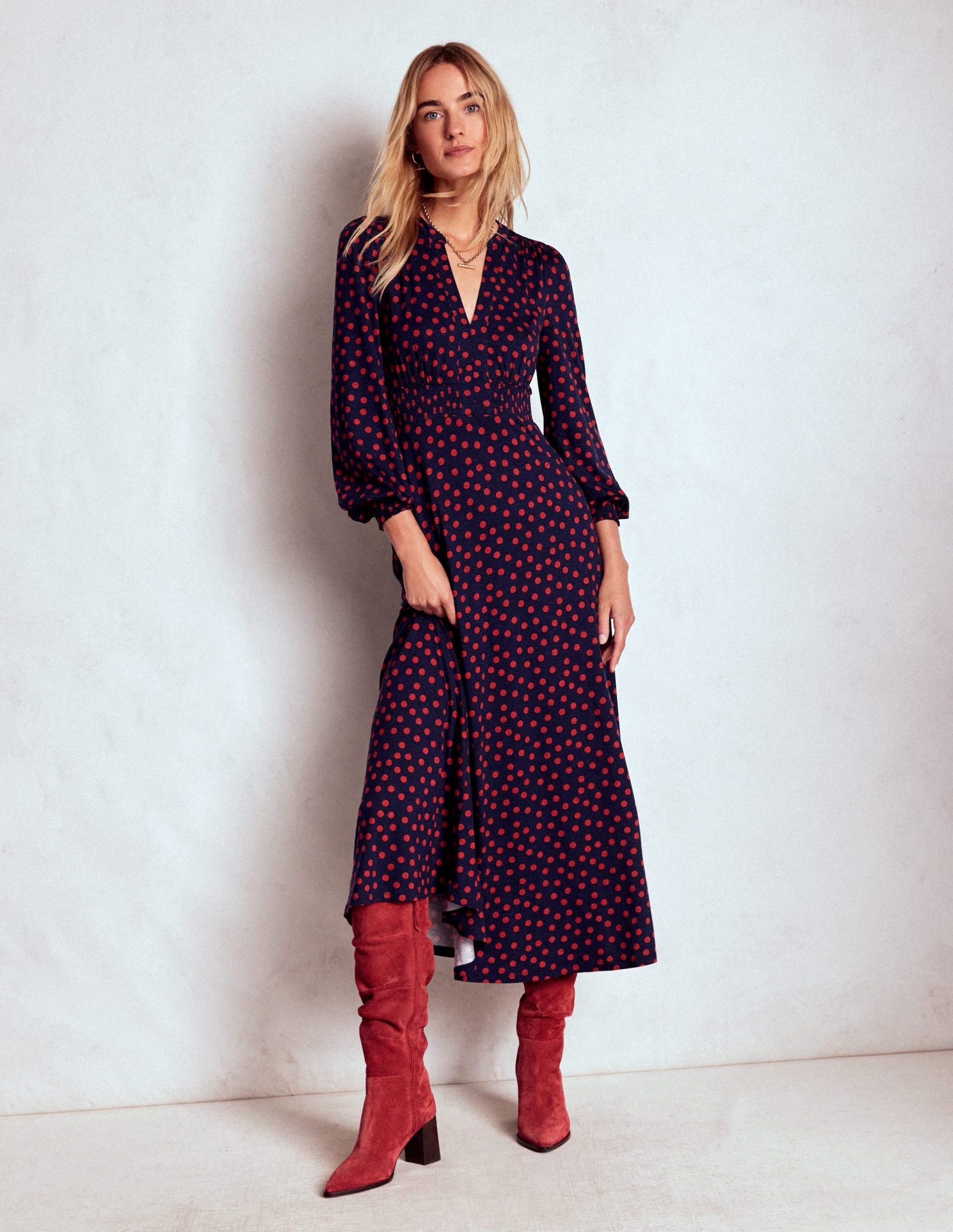 Ivy Smocked Midi Dress-French Navy. Painted Dot