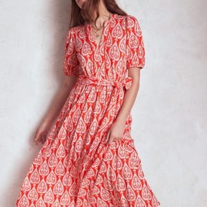 Sofia Trim Jersey Midi Dress-Firecracker Red. Ornate Geo