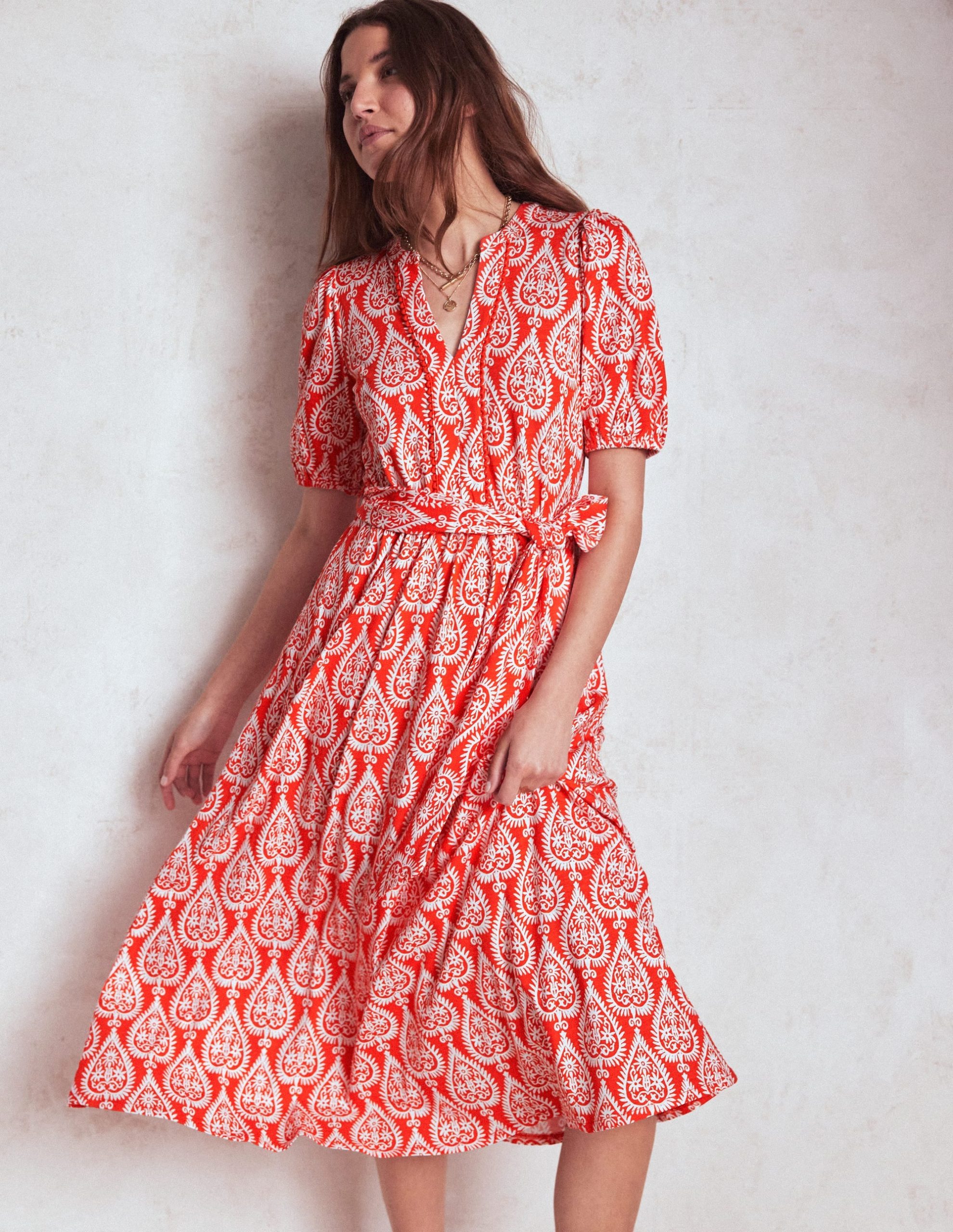 Sofia Trim Jersey Midi Dress-Firecracker Red. Ornate Geo