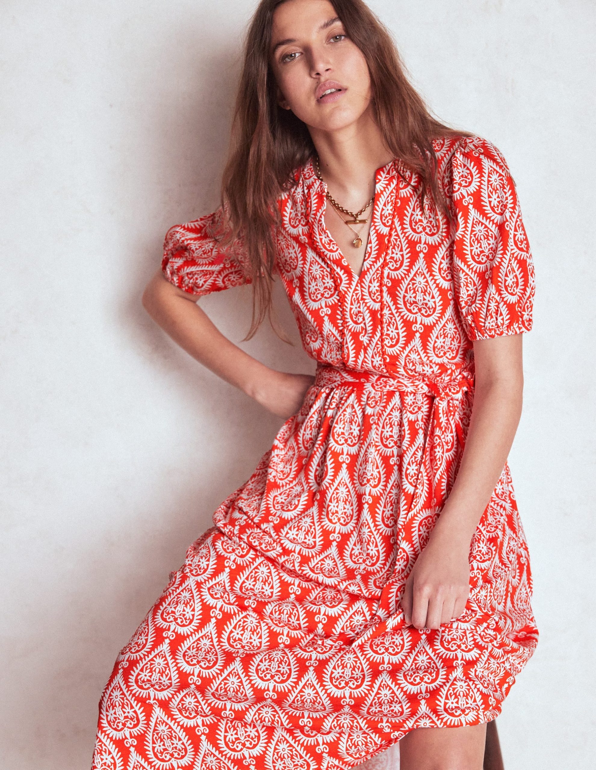 Sofia Trim Jersey Midi Dress-Firecracker Red. Ornate Geo - Image 5