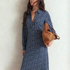 Pip Zip-Up Ponte Midi Dress-French Navy. Painted Dot