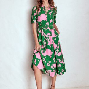Kate Puff Sleeve Belted Dress-Highland Green. Dainty Sprigs