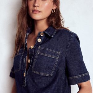 Zia Denim Pocket Shift Dress-Dark Indigo