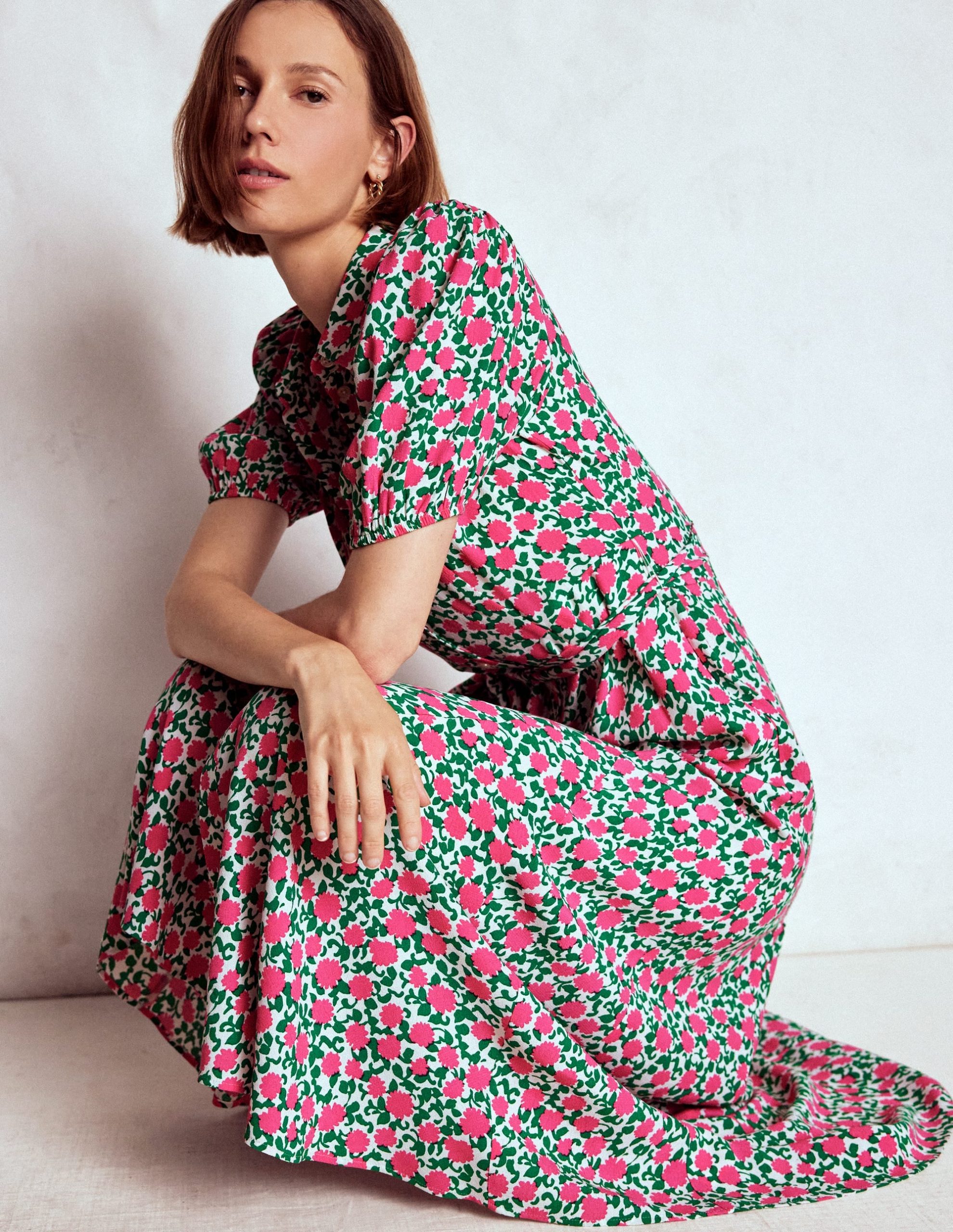 Alegra Midi Shirt Dress-Pink Ribbon. Floweret Vine - Image 2