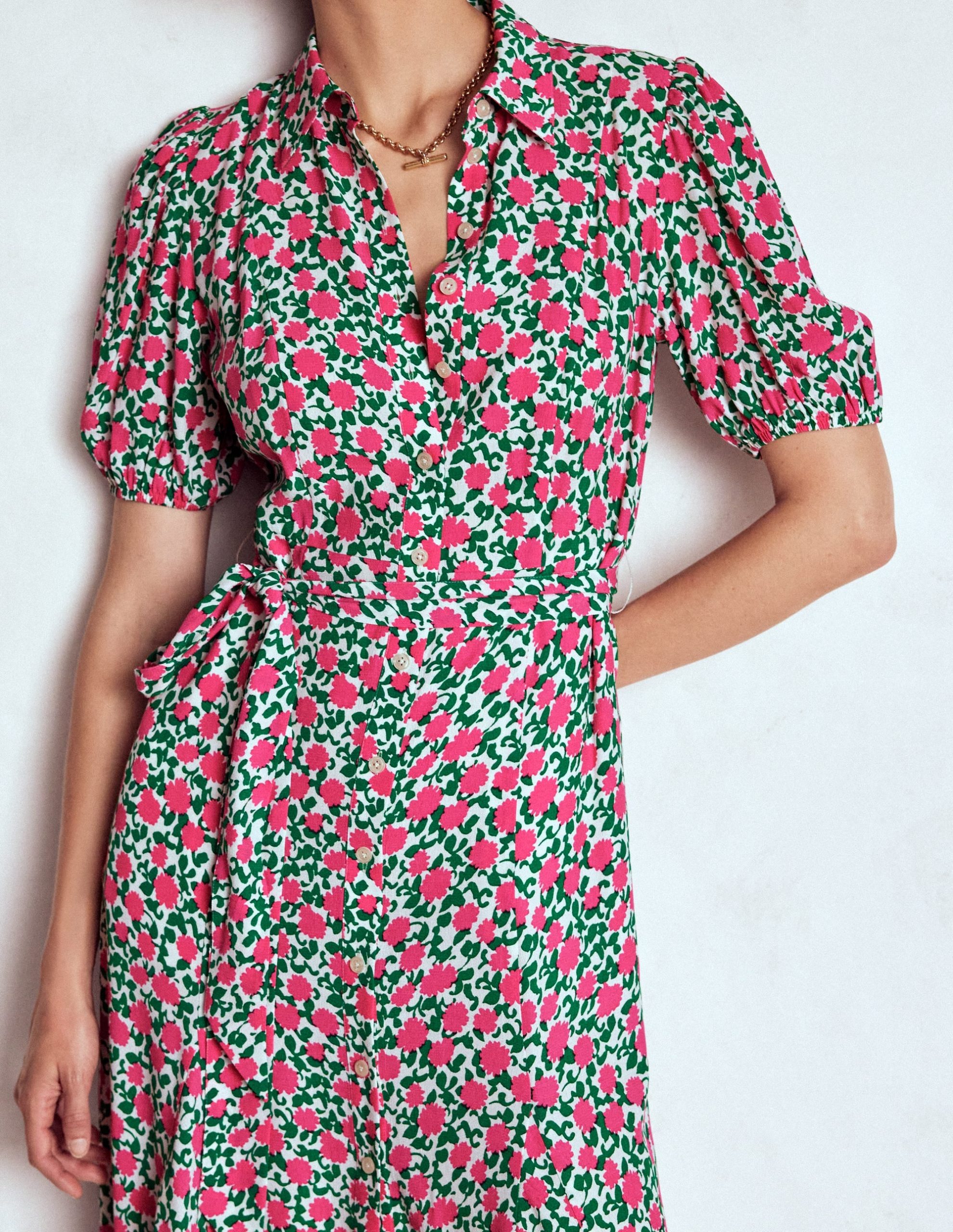 Alegra Midi Shirt Dress-Pink Ribbon. Floweret Vine - Image 3