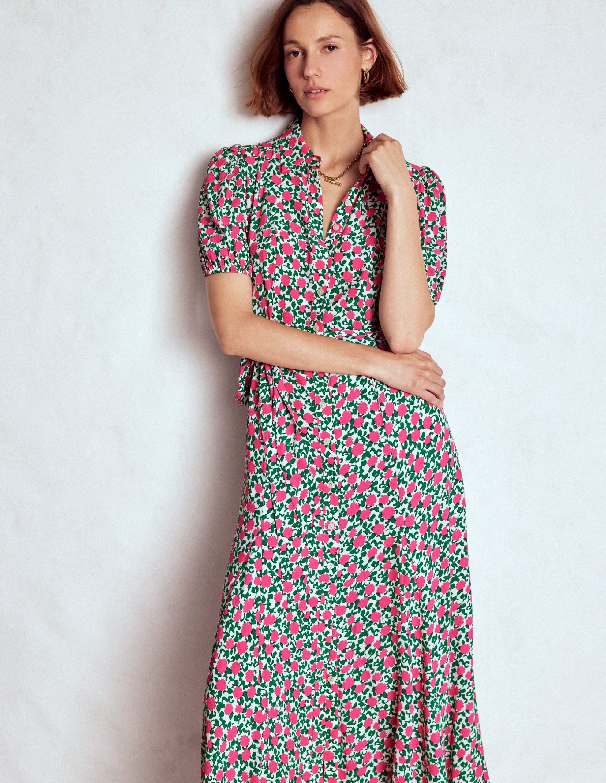 Alegra Midi Shirt Dress-Pink Ribbon. Floweret Vine - Image 5