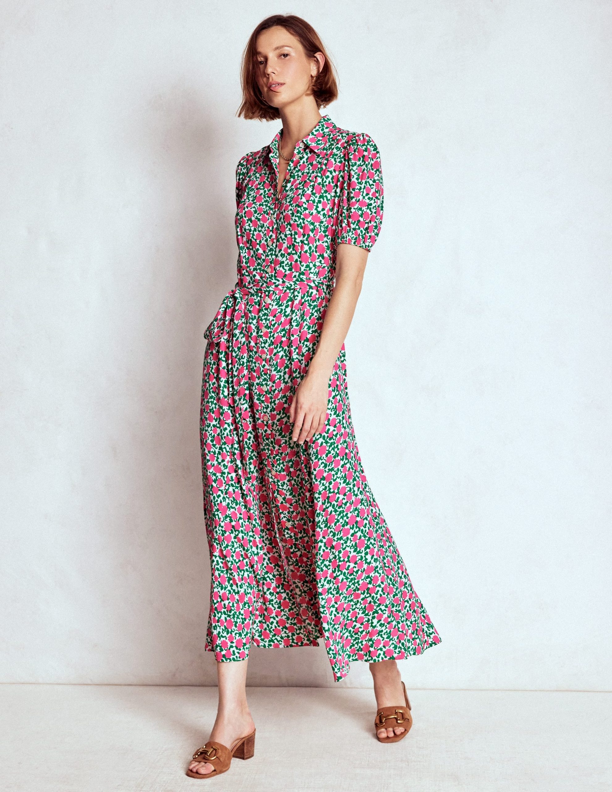 Alegra Midi Shirt Dress-Pink Ribbon. Floweret Vine