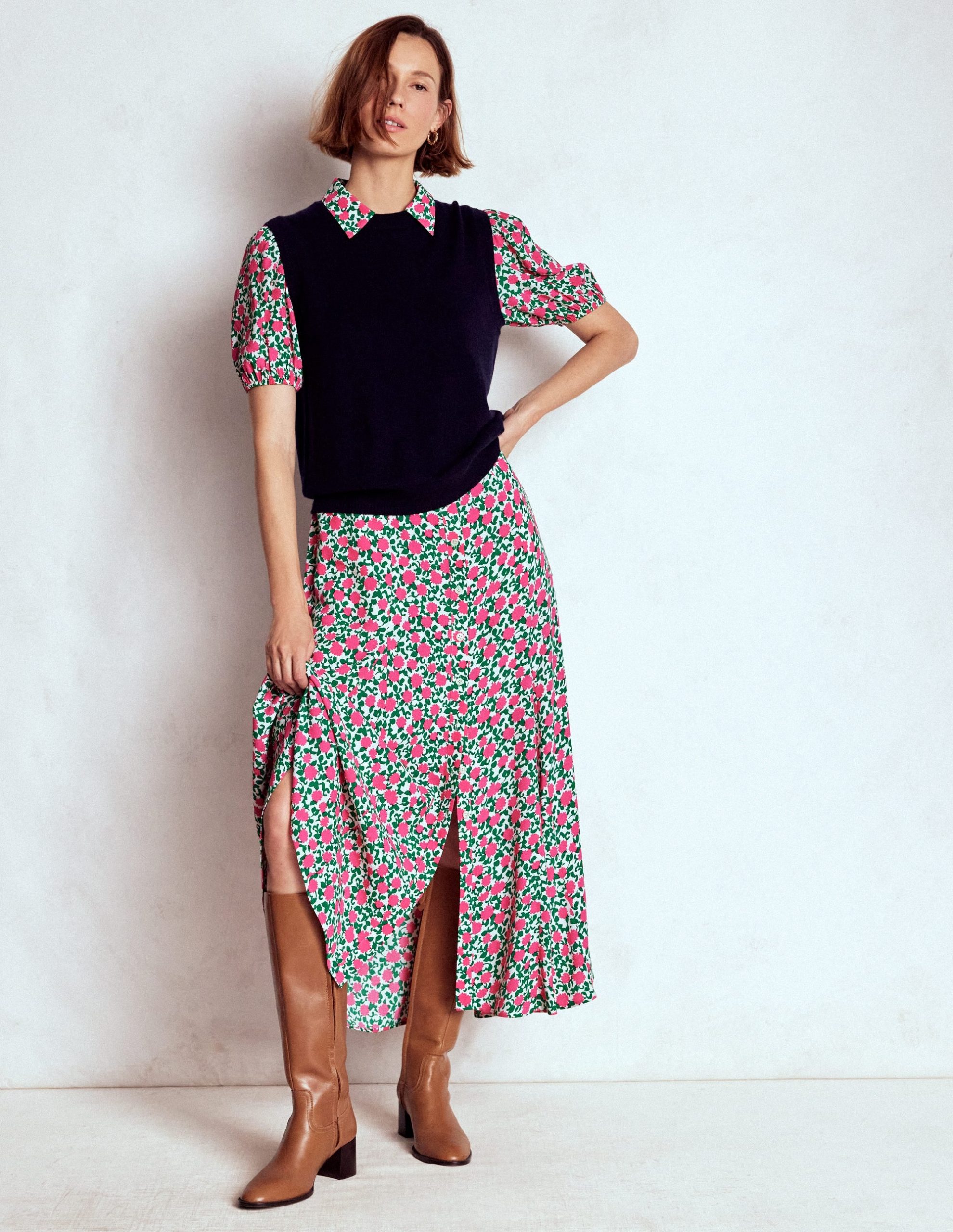 Alegra Midi Shirt Dress-Pink Ribbon. Floweret Vine - Image 6