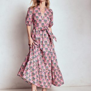 Christabel Cotton Midi Dress-Pink. Wildflower Bouquet