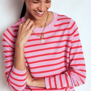 Eva Cashmere Crew Neck Sweater-Pink/ Orange Stripe