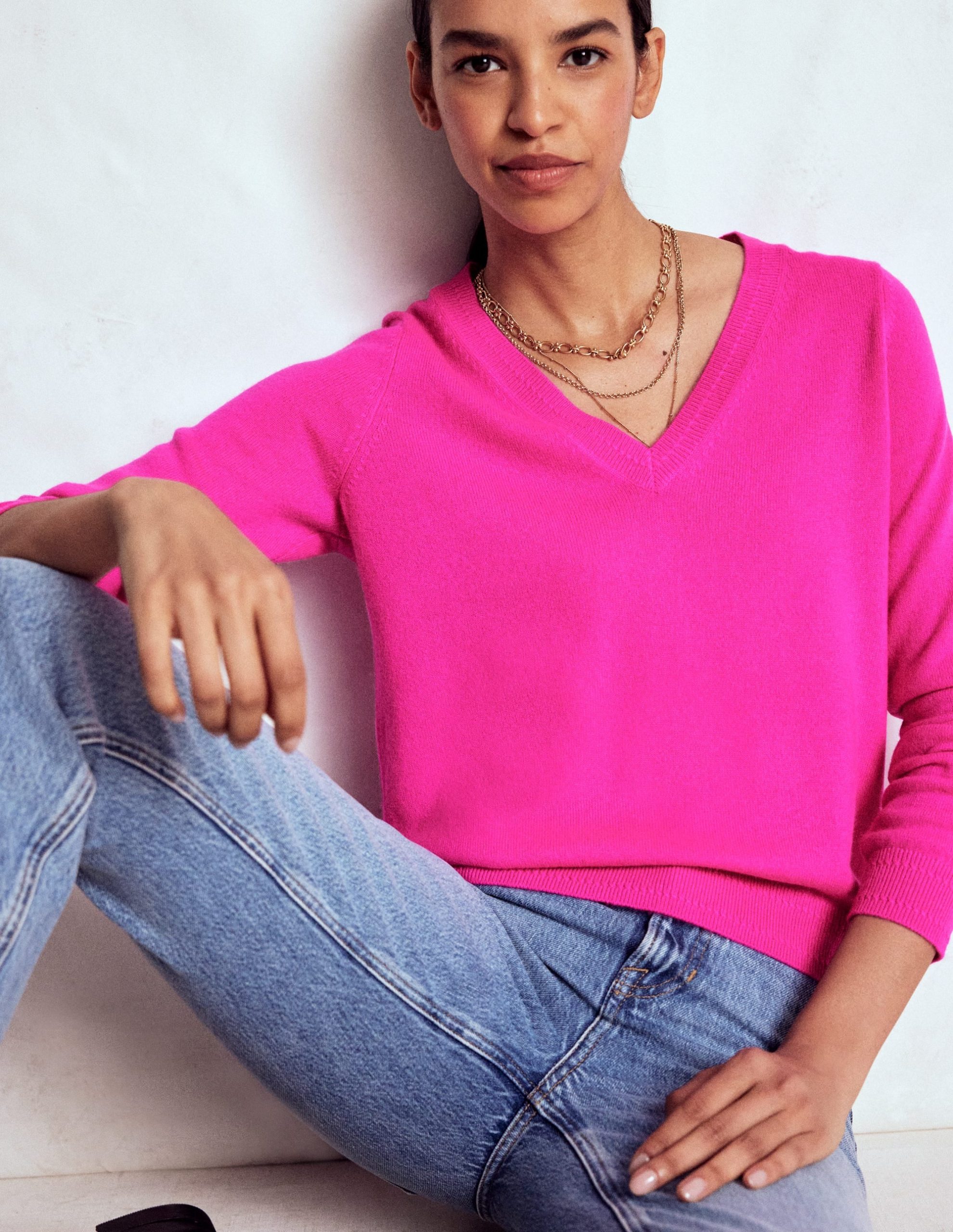 Eva Cashmere V-Neck Sweater-Pop Pansy