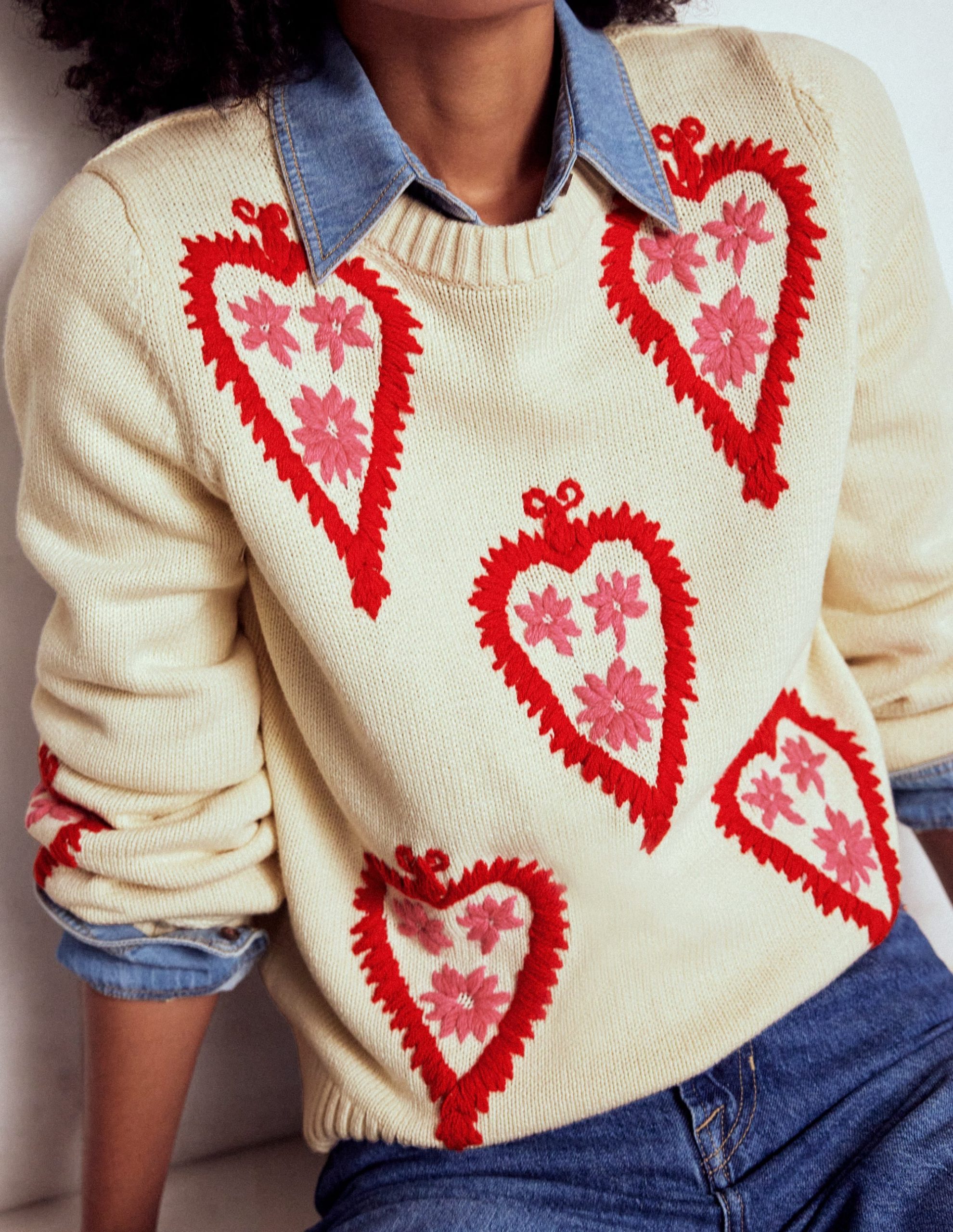 Graphic Embroidered Sweater-Warm Ivory. Hearts - Image 2