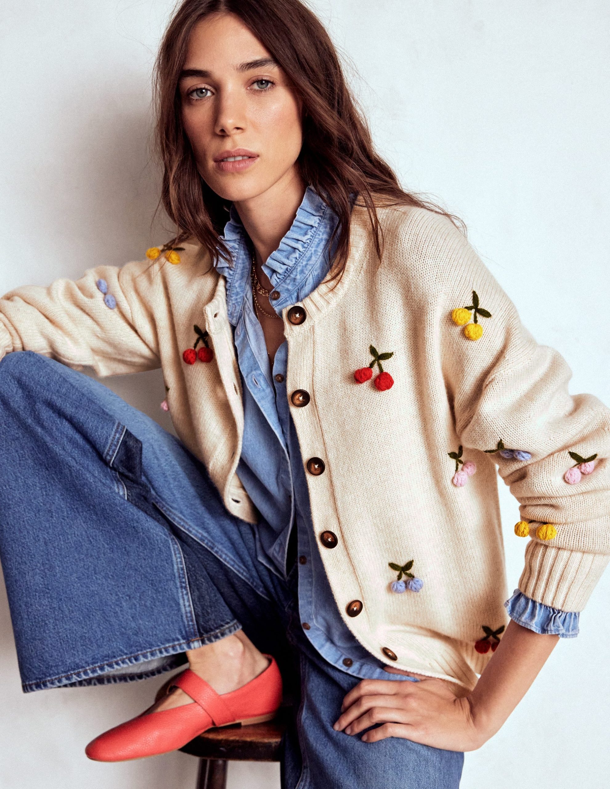 Natalie Embroidered Cardigan-Oatmeal Melange. Cherry