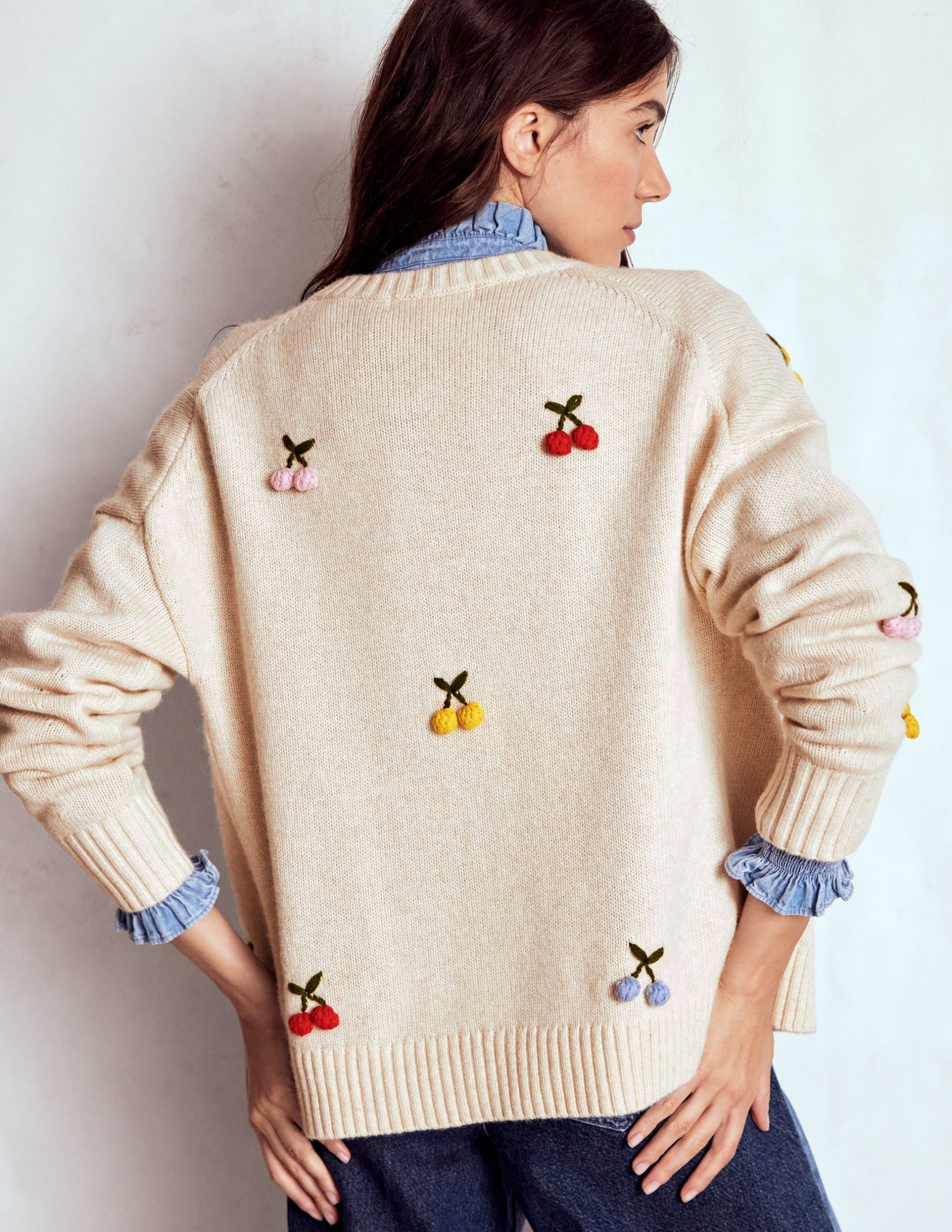 Natalie Embroidered Cardigan-Oatmeal Melange. Cherry - Image 3