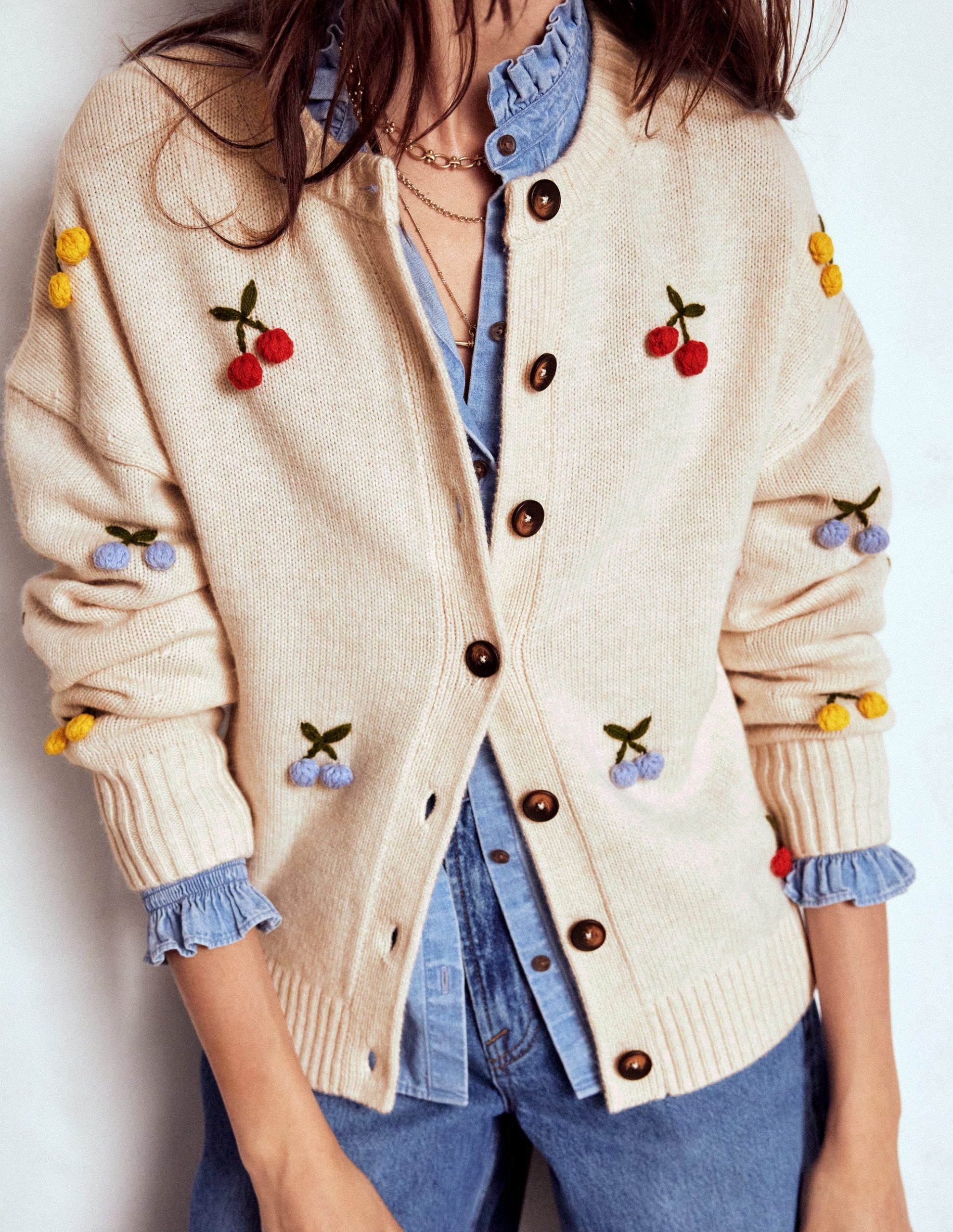 Natalie Embroidered Cardigan-Oatmeal Melange. Cherry - Image 4