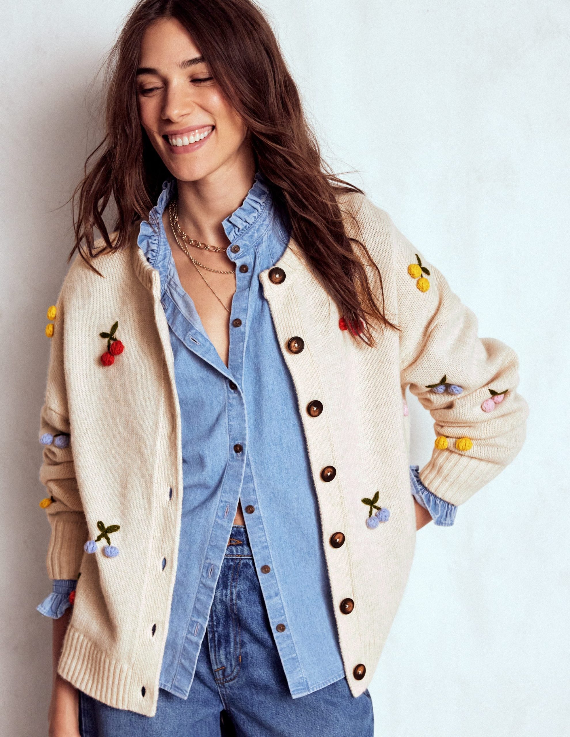 Natalie Embroidered Cardigan-Oatmeal Melange. Cherry - Image 5