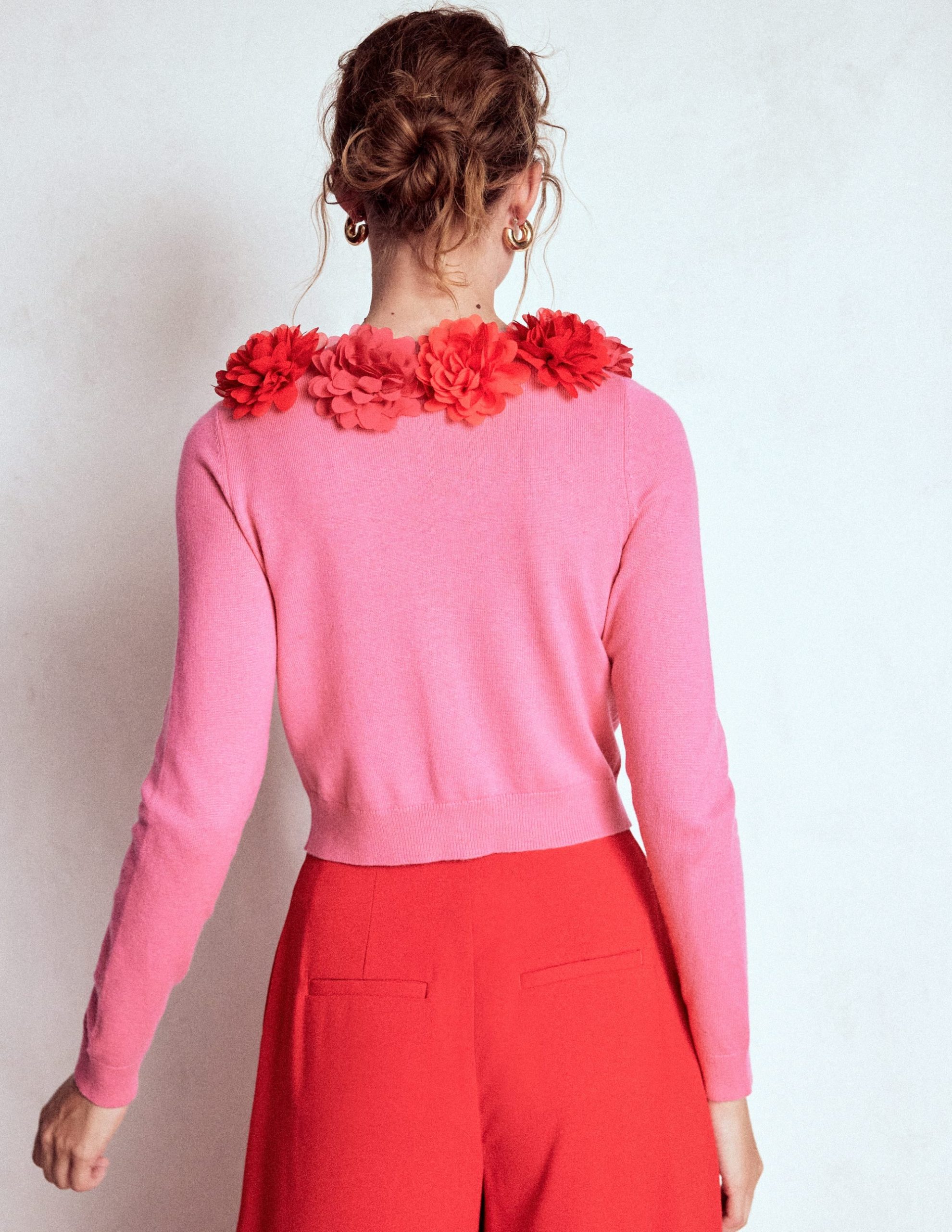 Crew Neck Cropped Cardigan-Pink Ribbon - Image 3