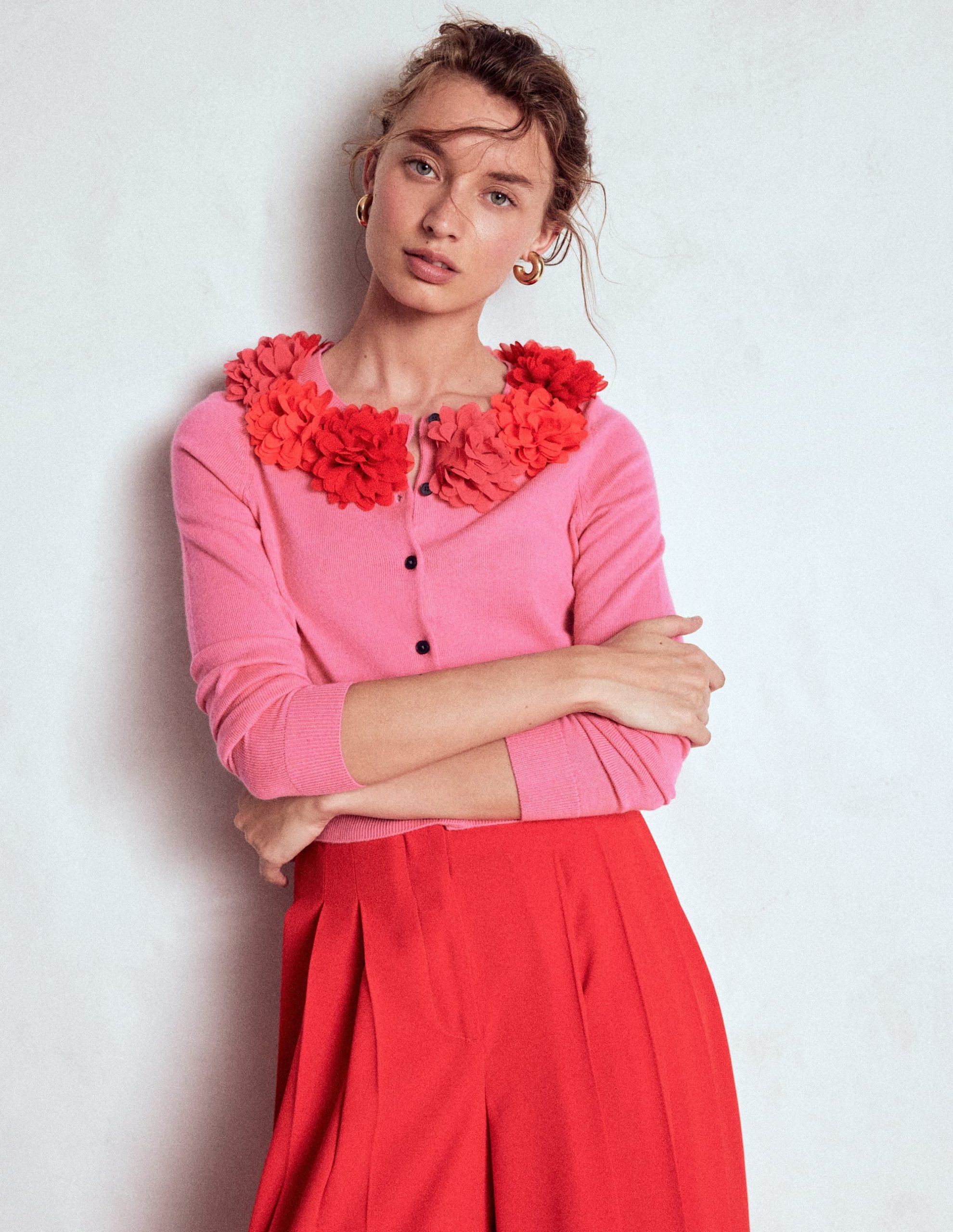 Crew Neck Cropped Cardigan-Pink Ribbon - Image 4