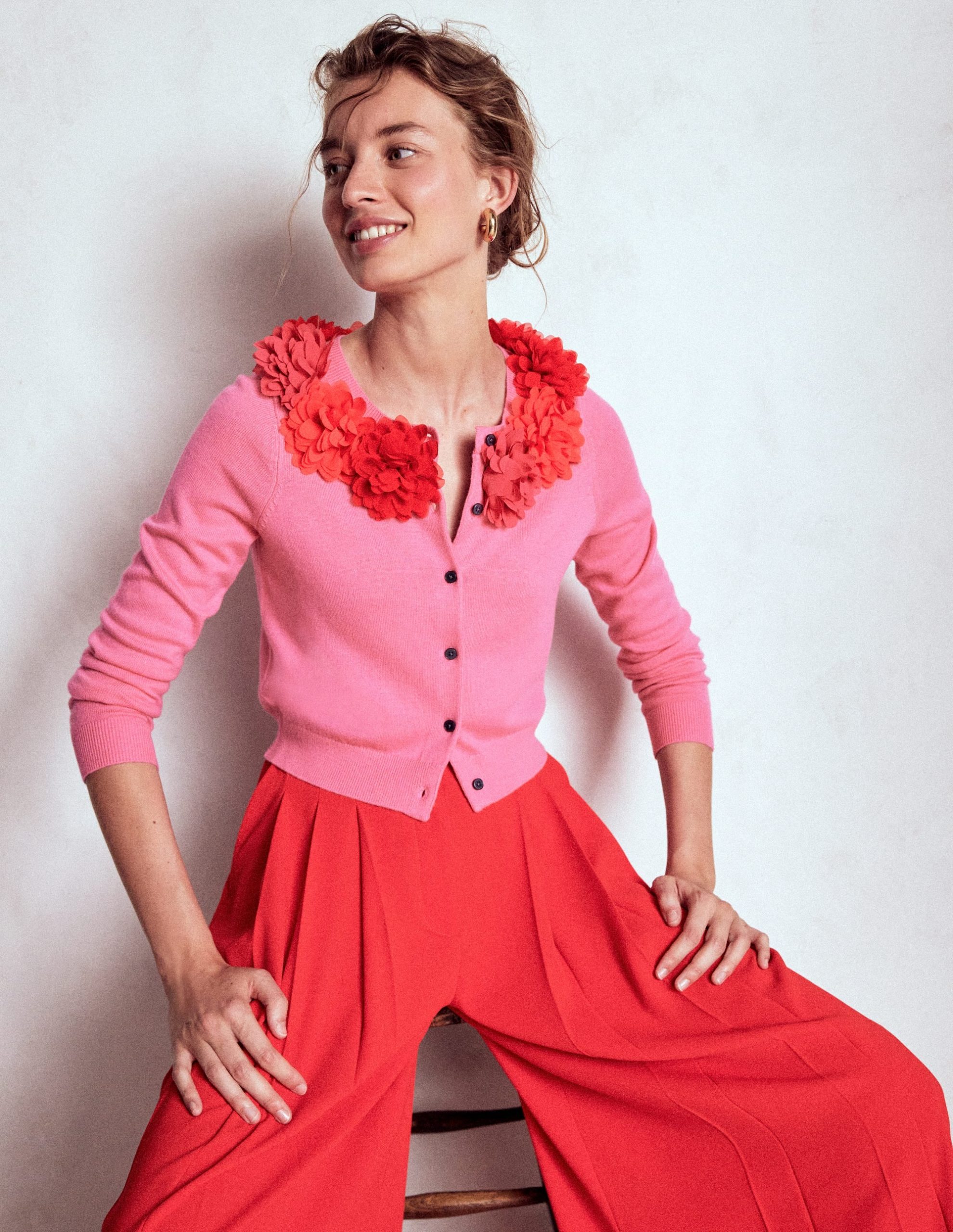 Crew Neck Cropped Cardigan-Pink Ribbon - Image 5