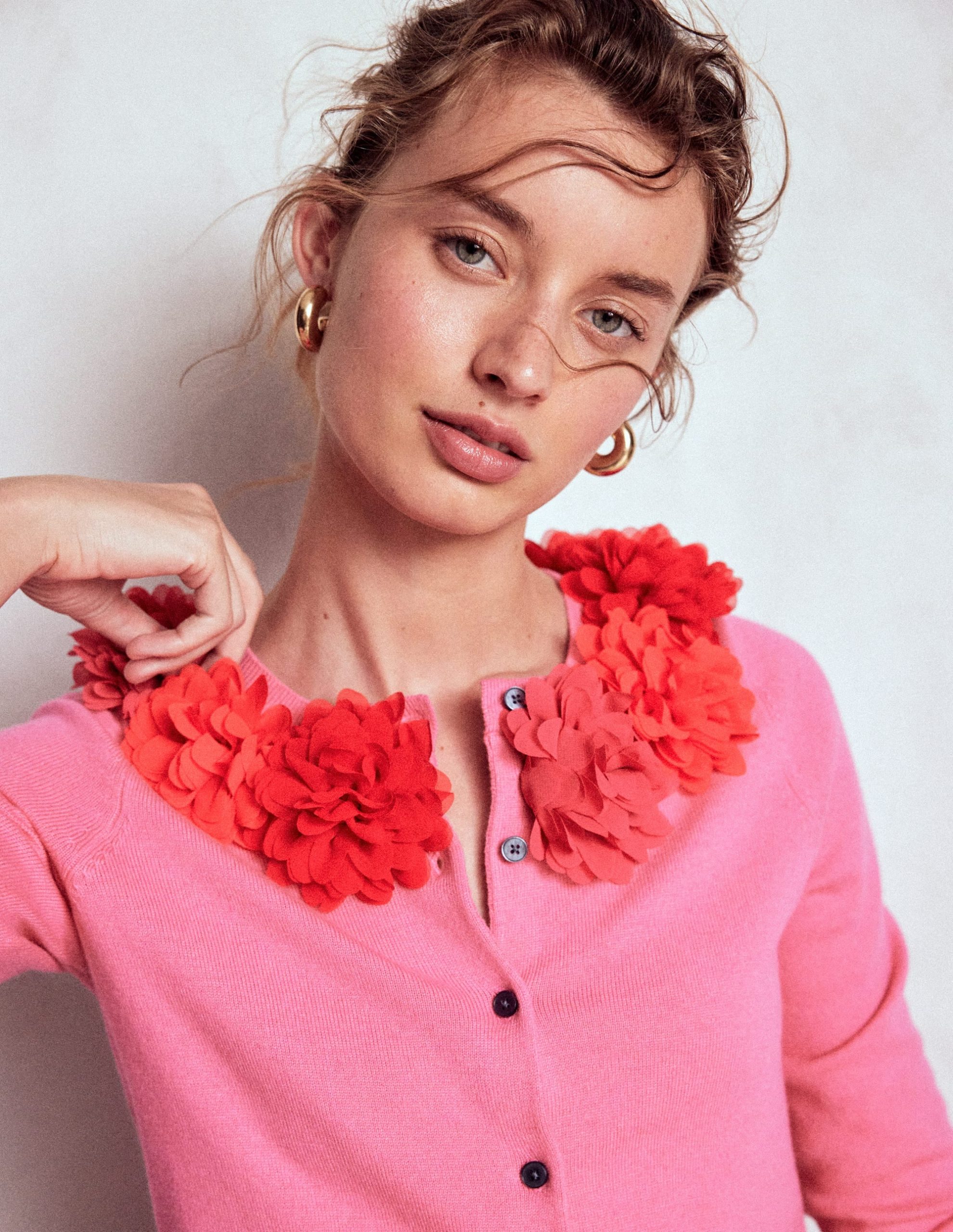 Crew Neck Cropped Cardigan-Pink Ribbon - Image 6