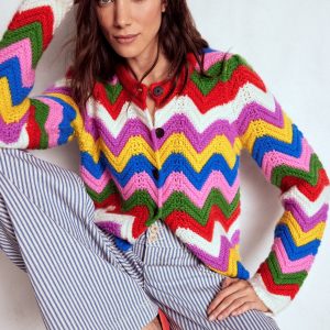 Chunky Chevron Knitted Jacket-Multi. Zig Zag