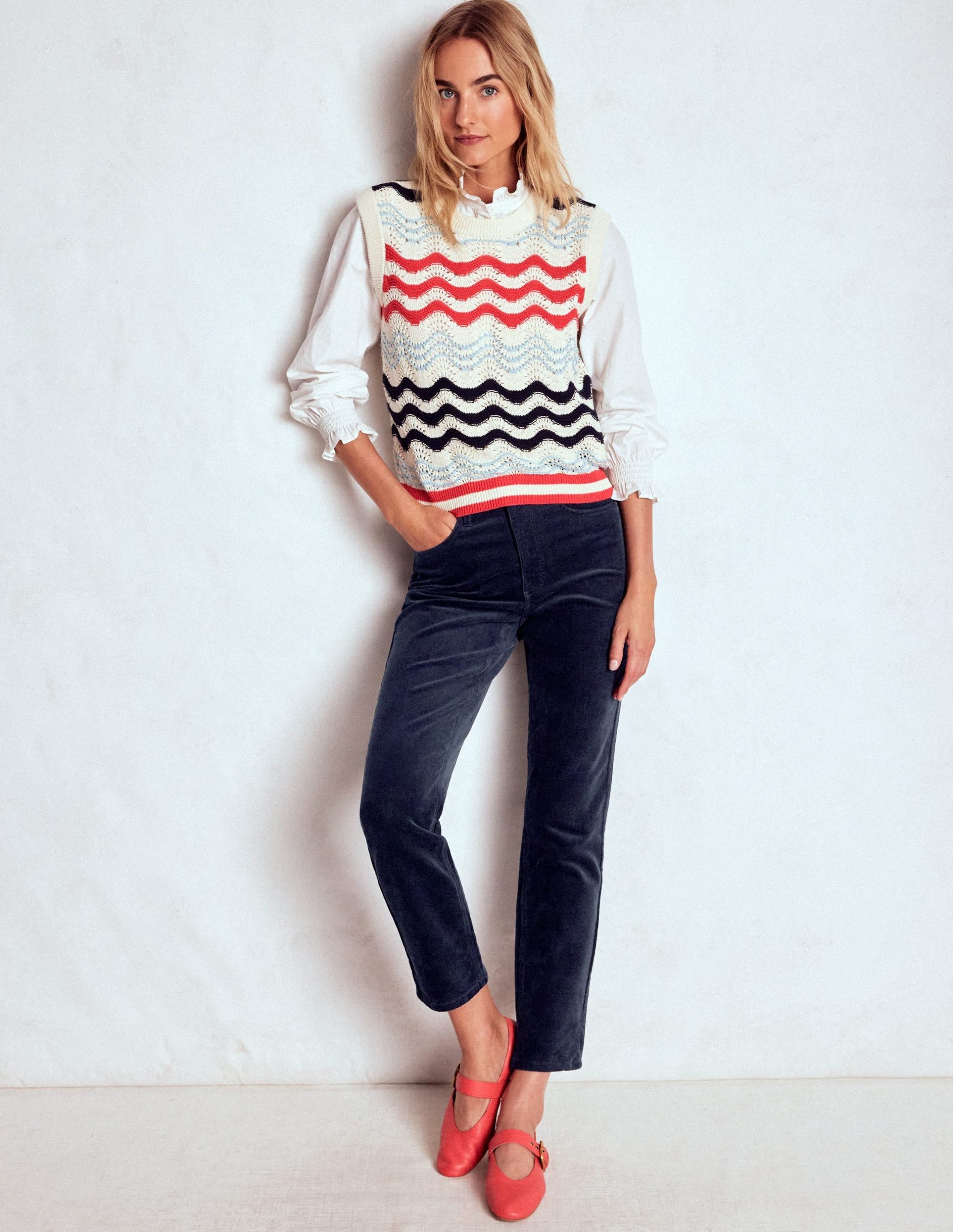 High-Waisted Cord Slim Jeans-Navy