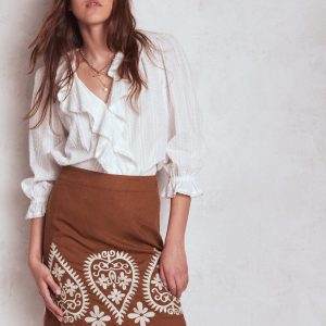 Embroidered Linen Skirt-Russet
