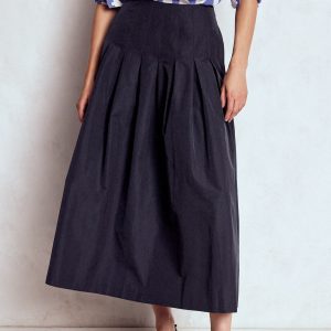 Valentina Taffeta Midi Skirt-Navy