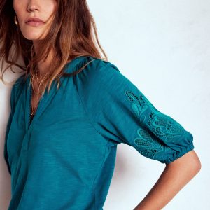 Cutwork Notch Neck Top-Deep Sea Green