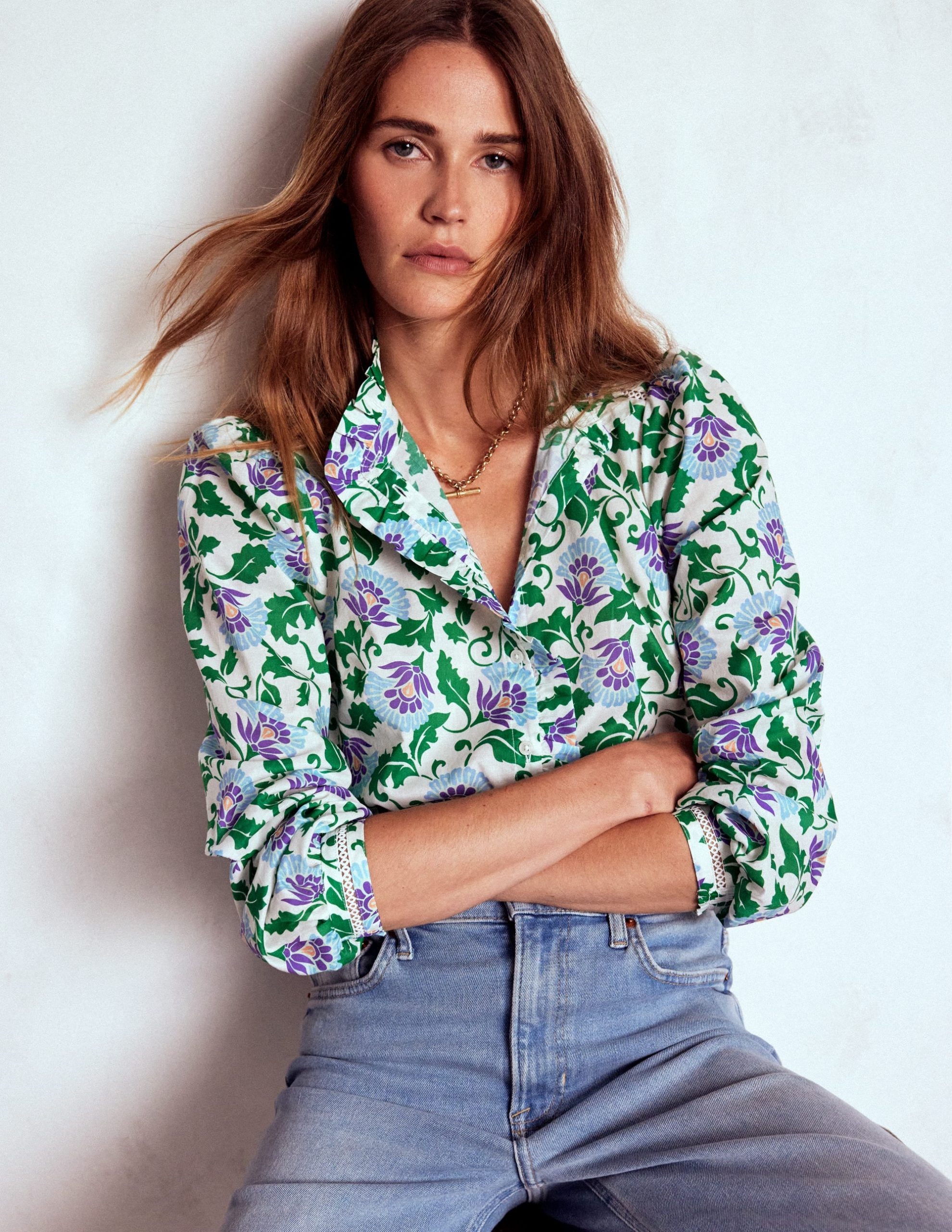 Helena Cotton Top-Rich Emerald. Ornate Vine