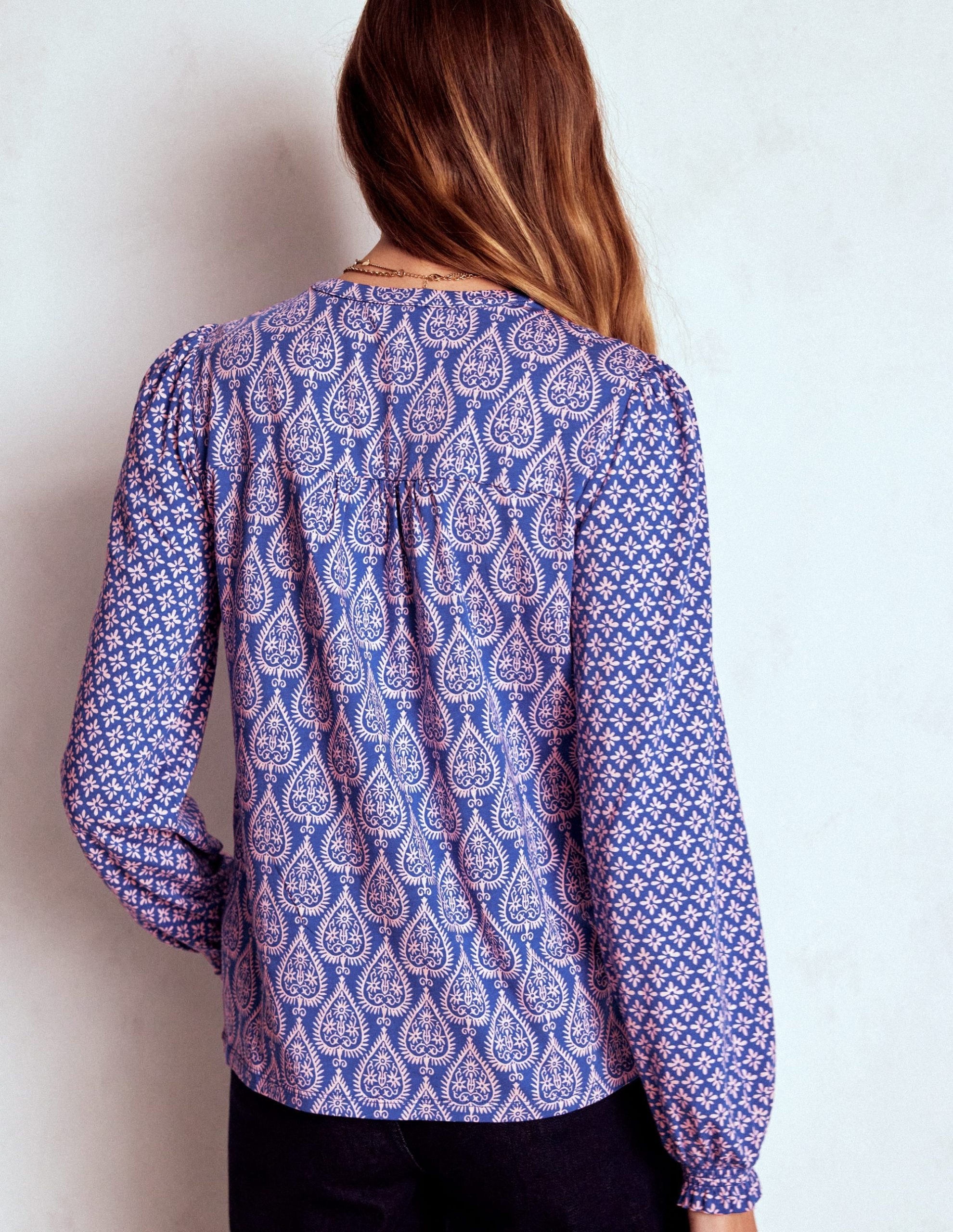 Elsa Smocked Yoke Jersey Shirt-Bright Blue. Ornate Geo - Image 3