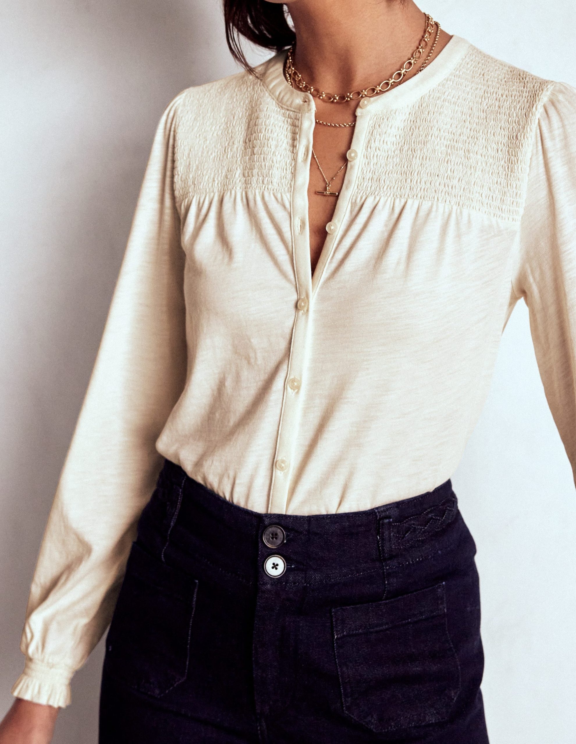 Elsa Smocked Yoke Jersey Shirt-Ivory - Image 2