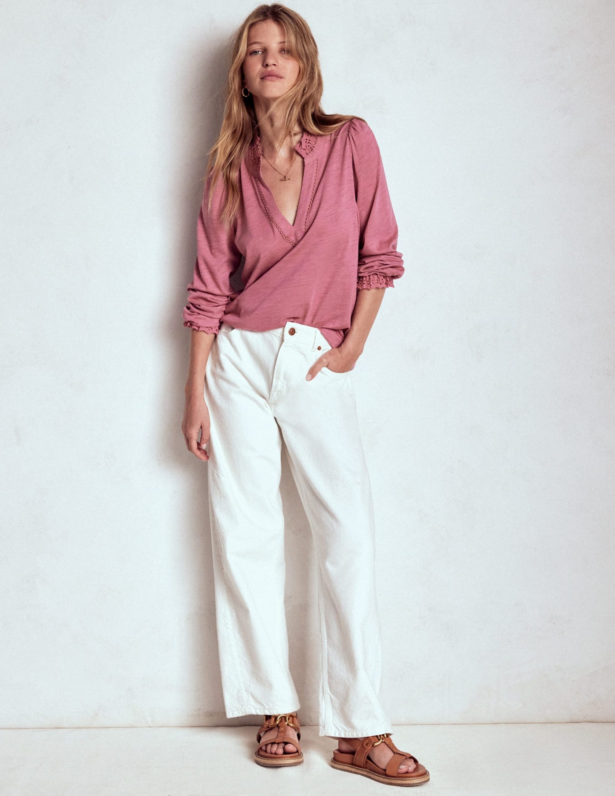 Aria Broderie Notch Neck Top-Pink Heather - Image 4