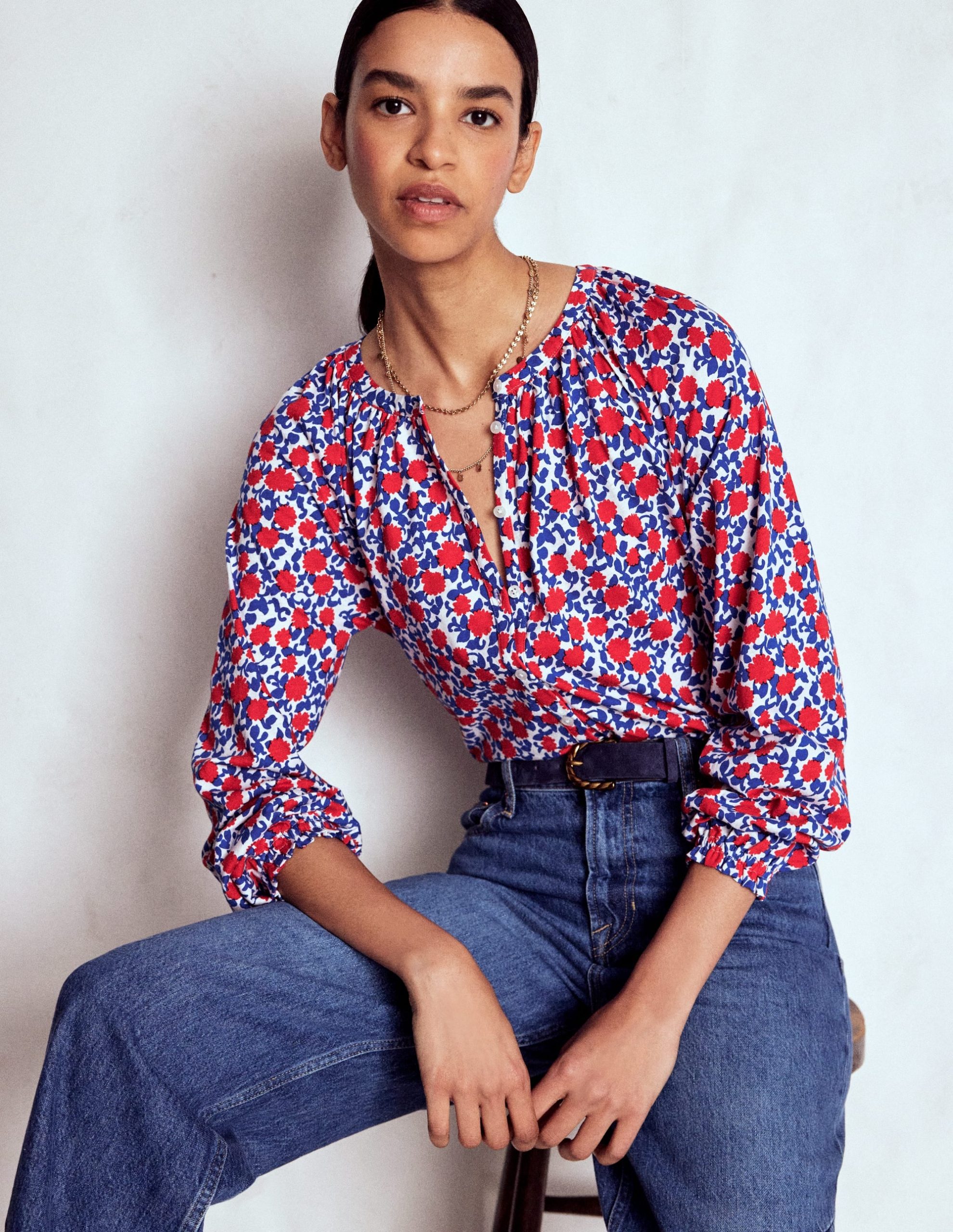 Isla Long Sleeve Jersey Shirt-Poppy Red. Floweret Vine - Image 4