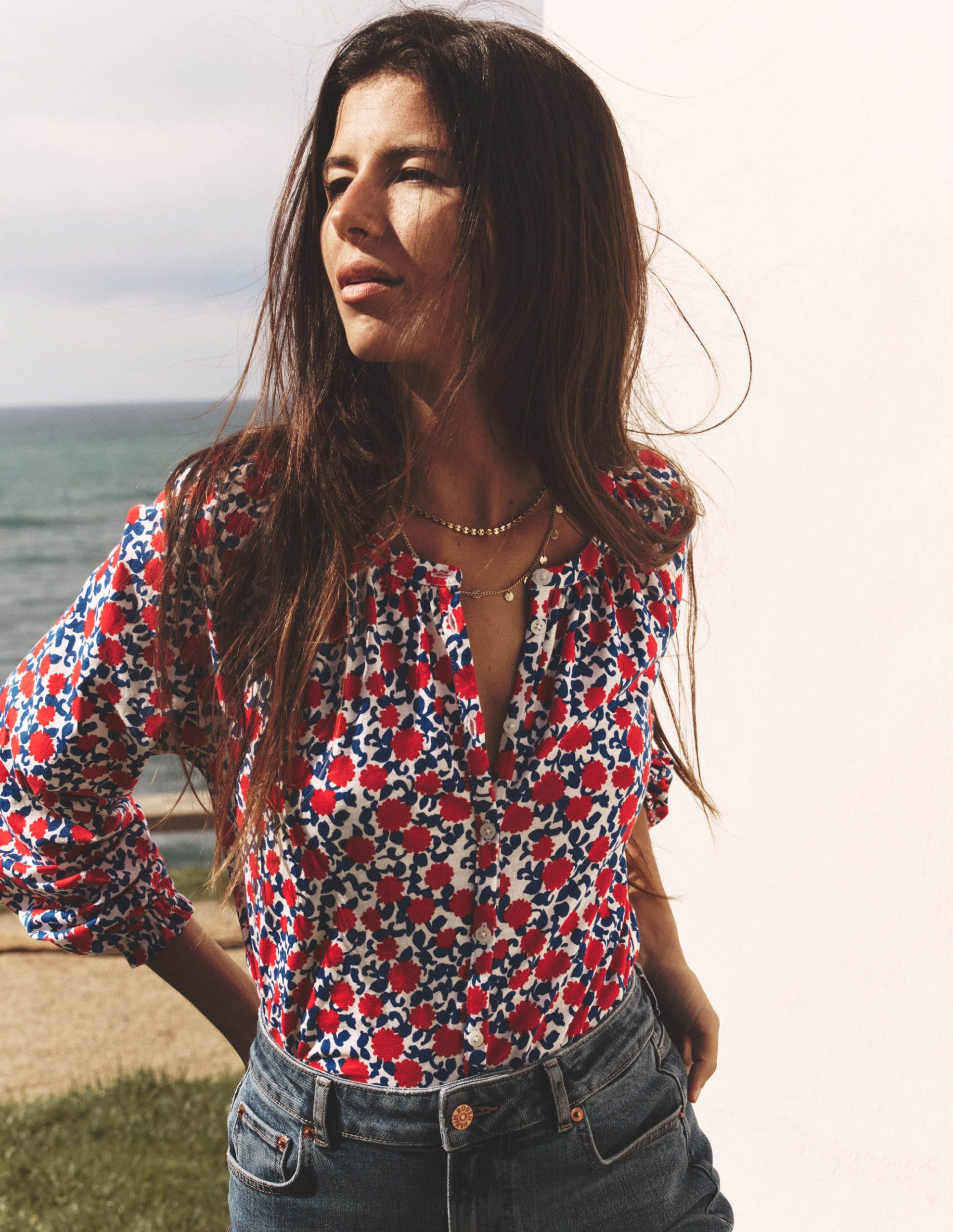 Isla Long Sleeve Jersey Shirt-Poppy Red. Floweret Vine - Image 6