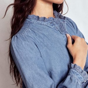 Helena Denim Ruffle Neck Top-Light Authentic