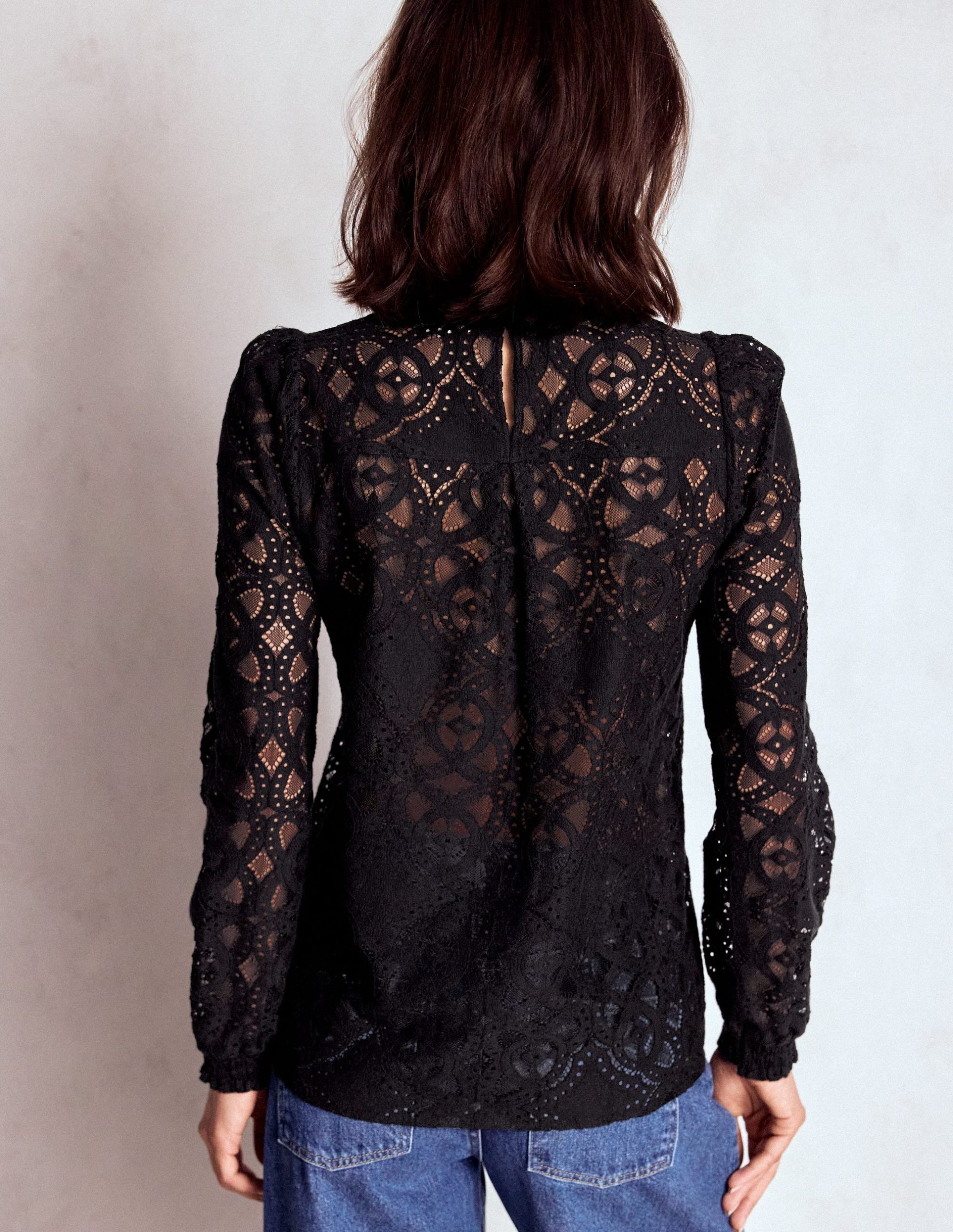 Lace Crew Neck Top-Black - Image 3