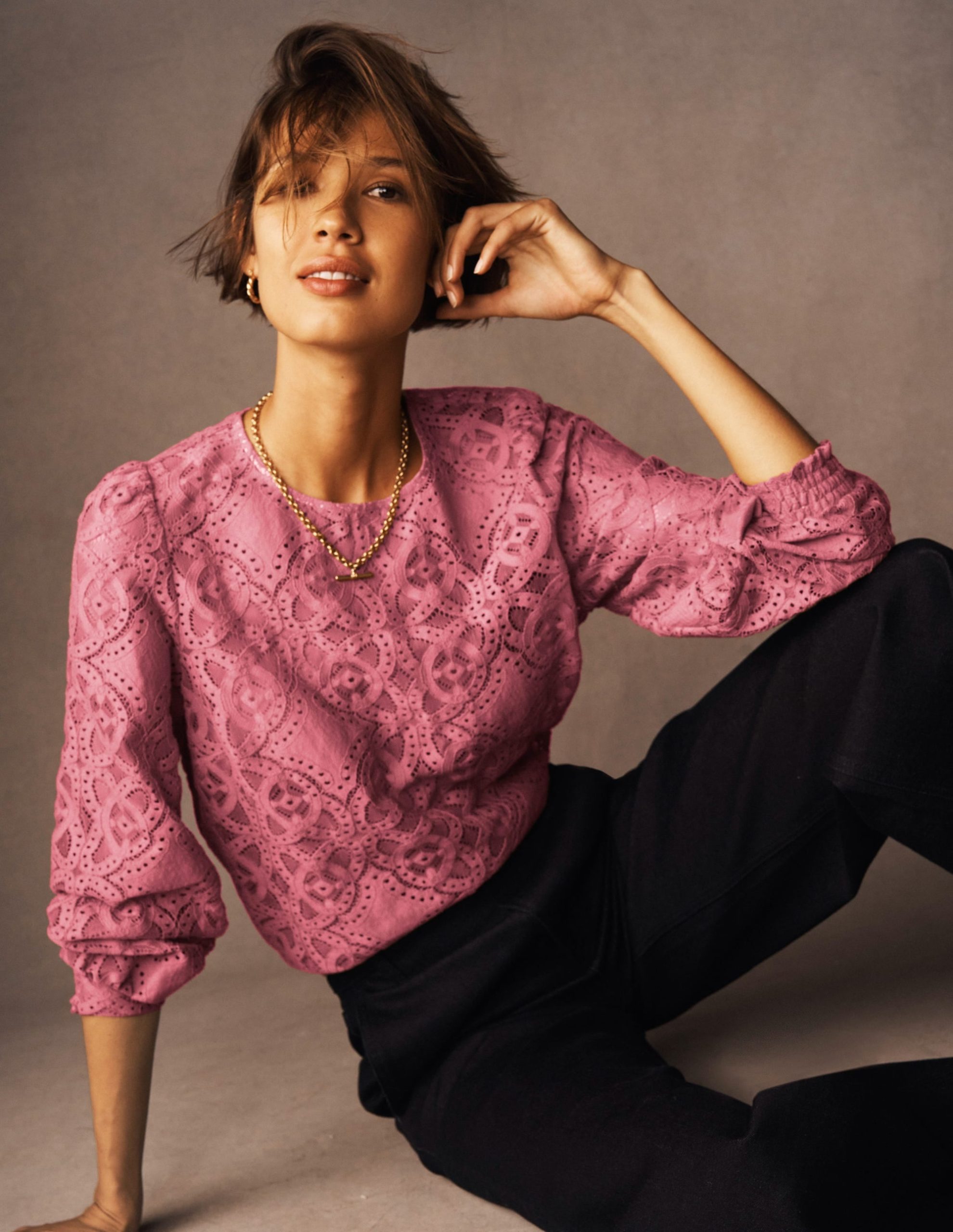 Lace Crew Neck Top-Heather Rose - Image 5