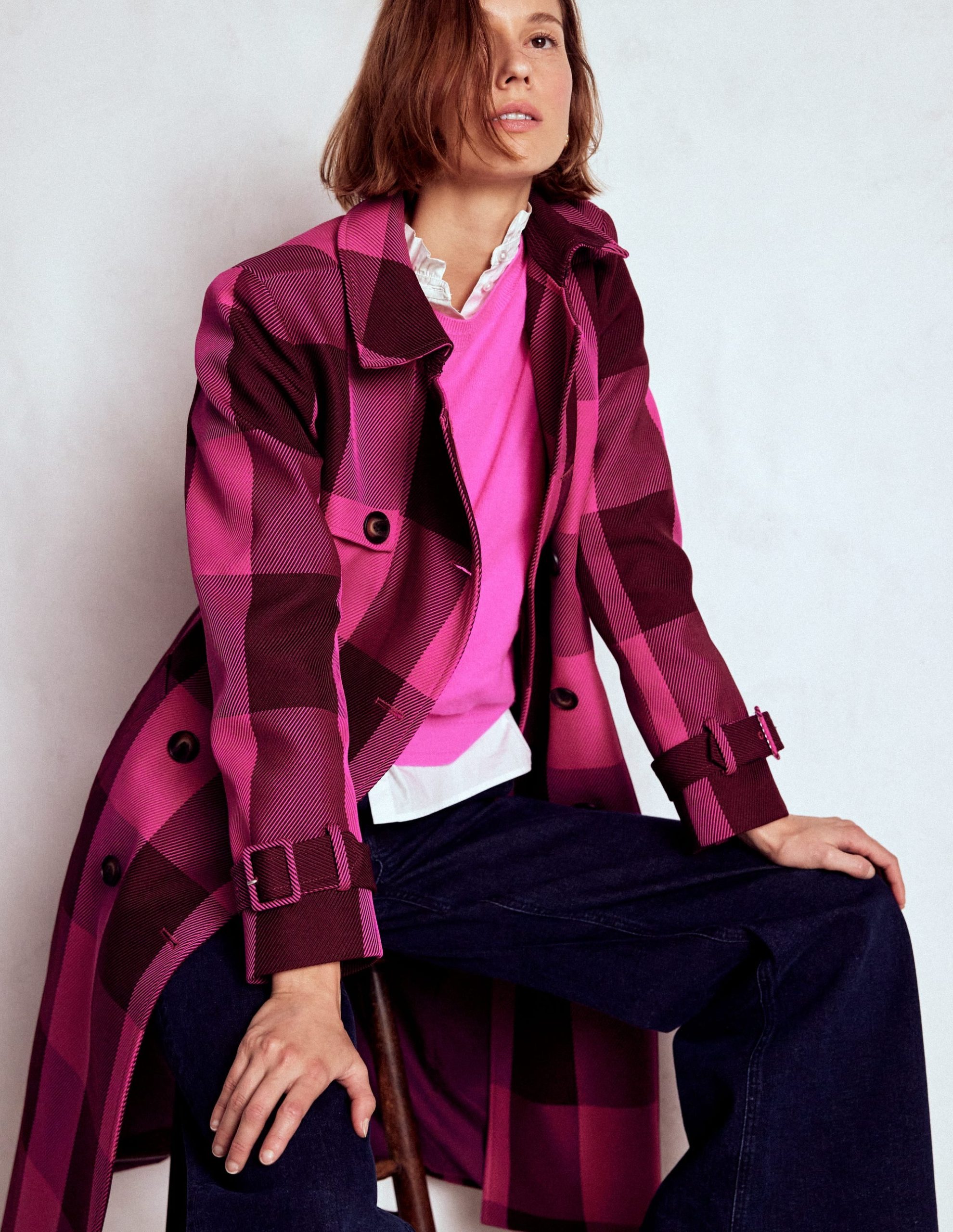 Cheltenham Trench Coat-Pink Peony. Chestnut Gingham