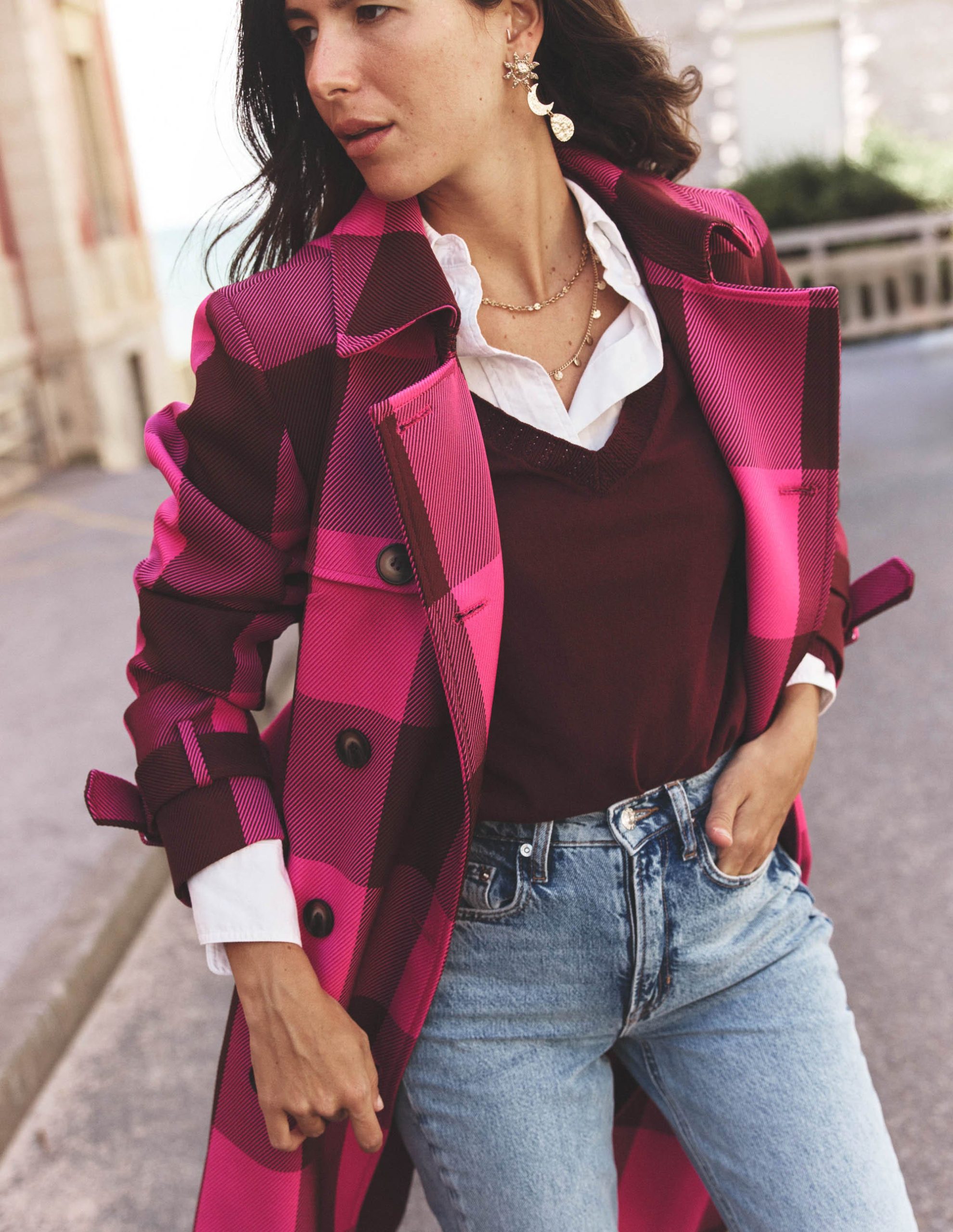 Cheltenham Trench Coat-Pink Peony. Chestnut Gingham - Image 7