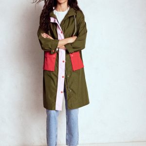 Longline Rain Mac-Khaki Colourblock