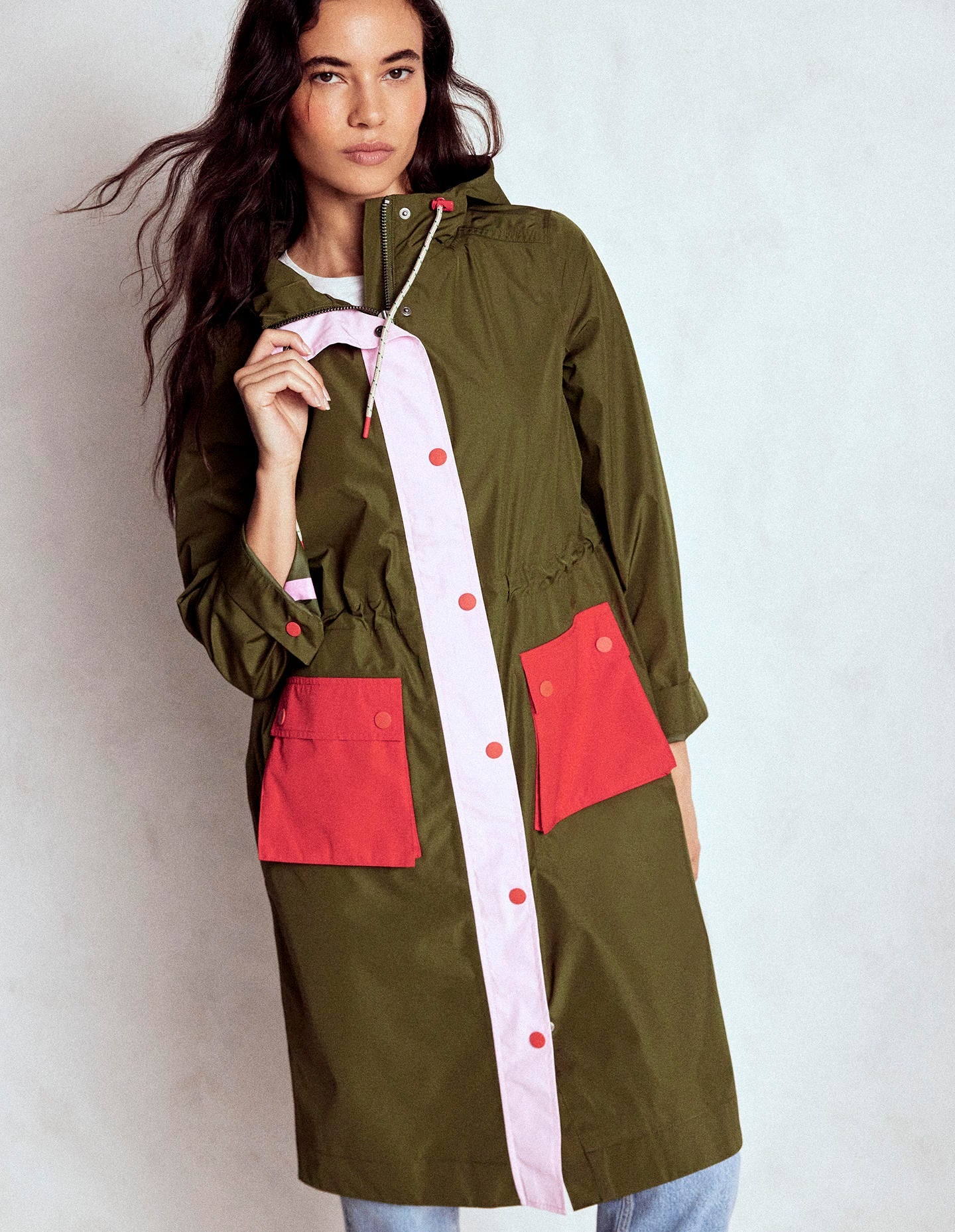 Longline Rain Mac-Khaki Colourblock - Image 2