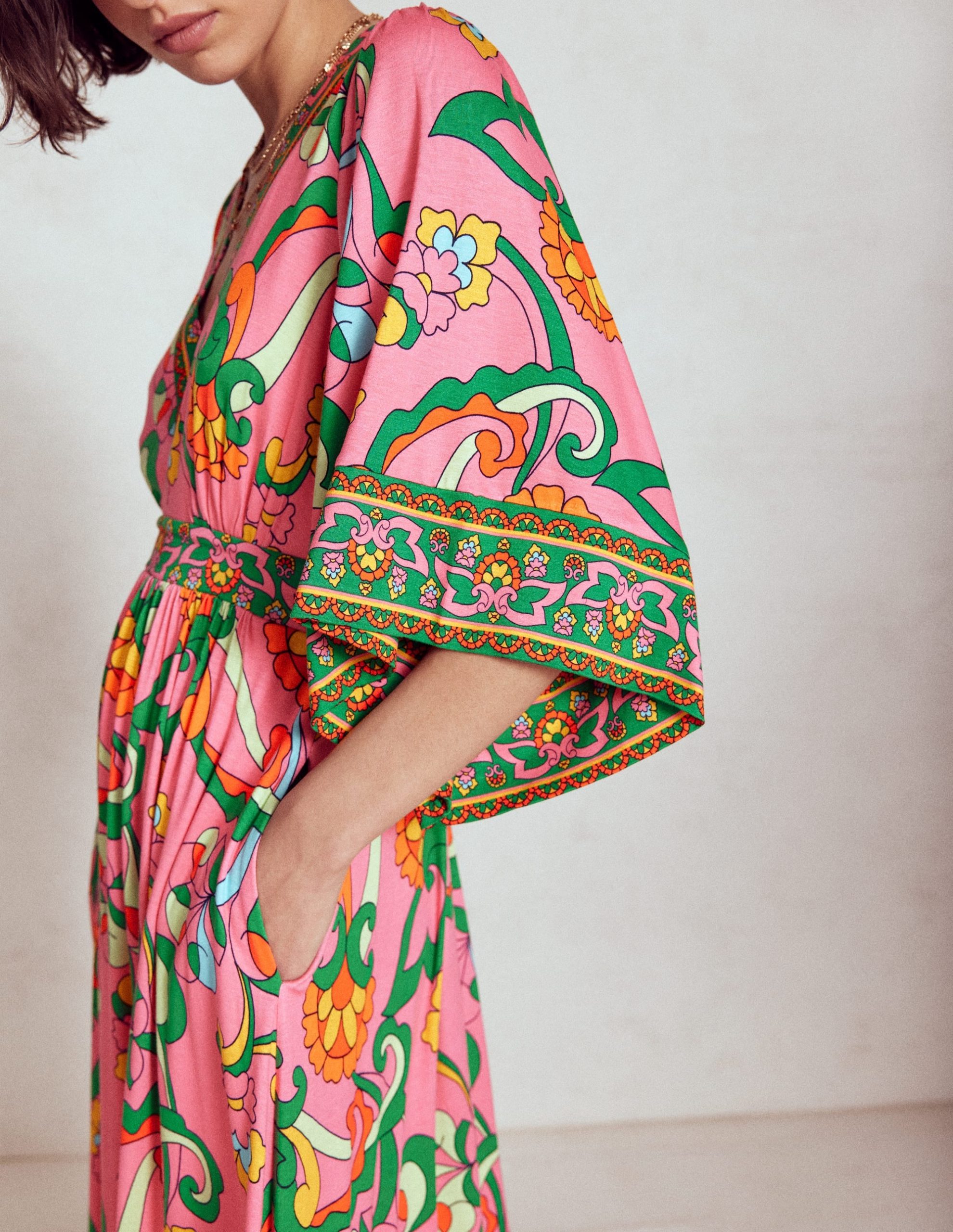 Maya Kimono Jersey Maxi Dress-Pink Rose. Foliage Trail - Image 4