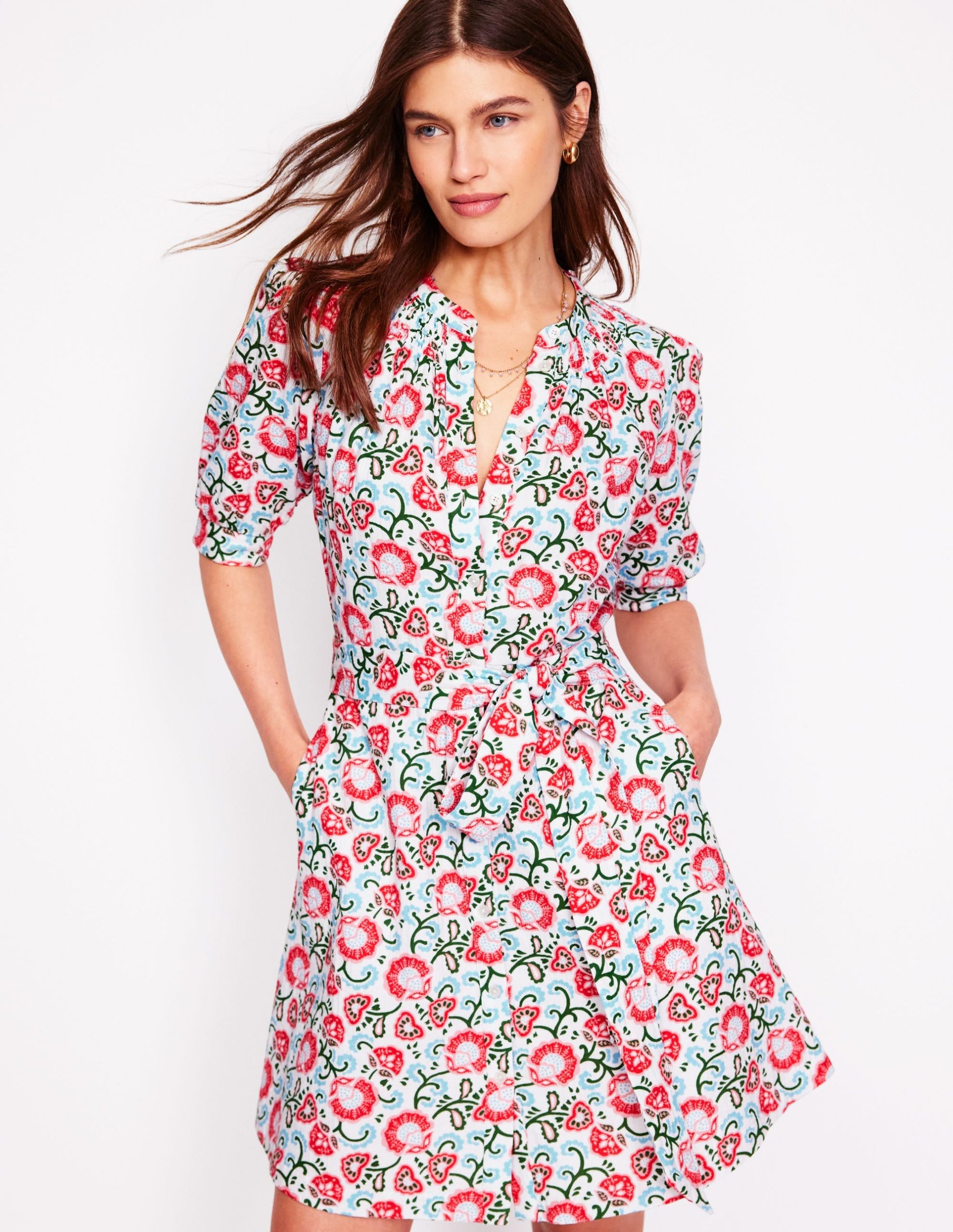 Ada Double Cloth Short Dress-Ivory. Garden Vine