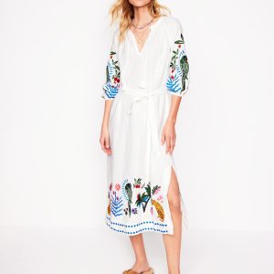 Embroidered Linen Tassel Dress-Ivory
